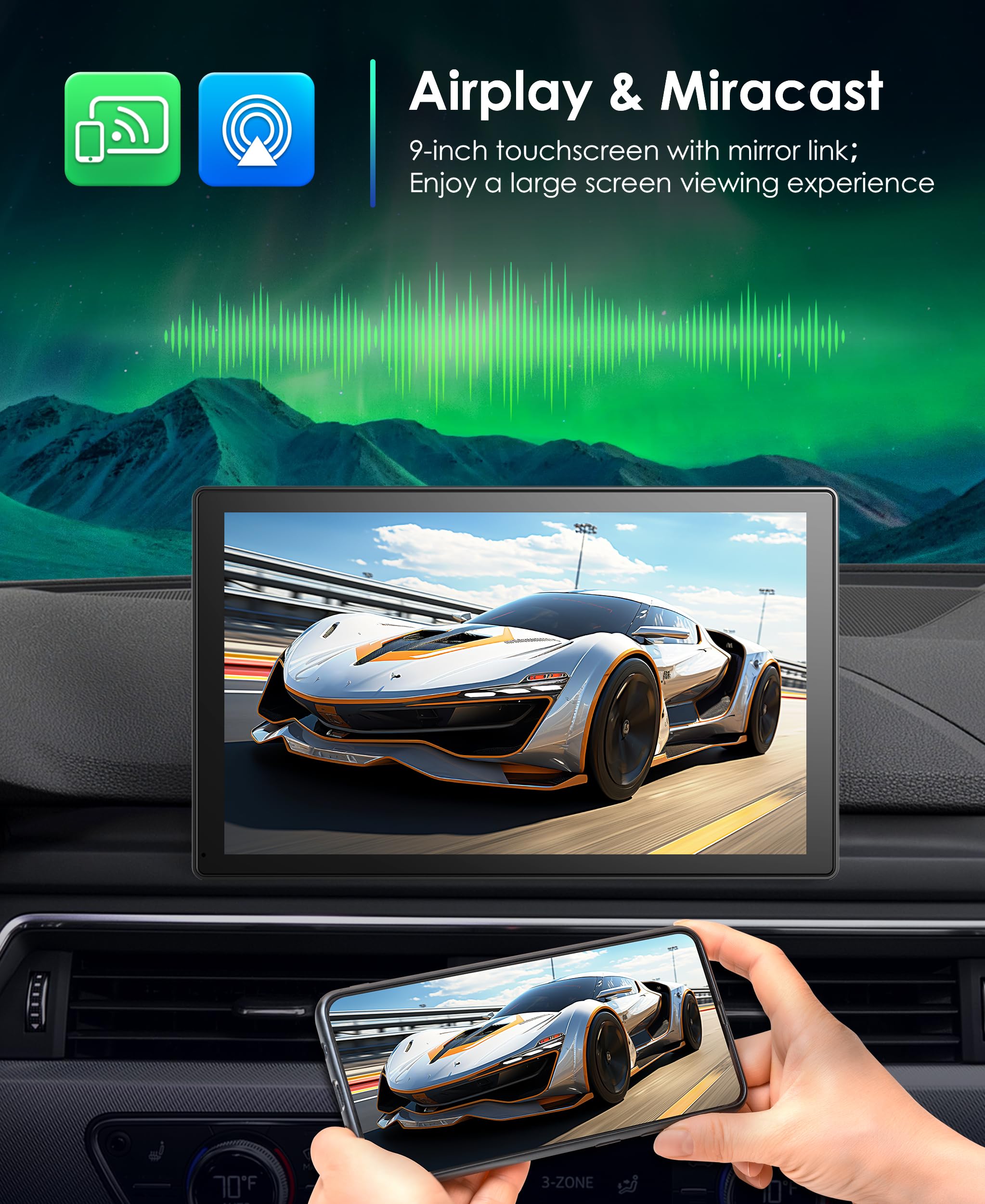 9'' Carplay Screen For Car, Portable Car Stereo With Wireless Carplay & Android Auto, 4K Dash Cam, 1080P Camera, Gps Navigation,