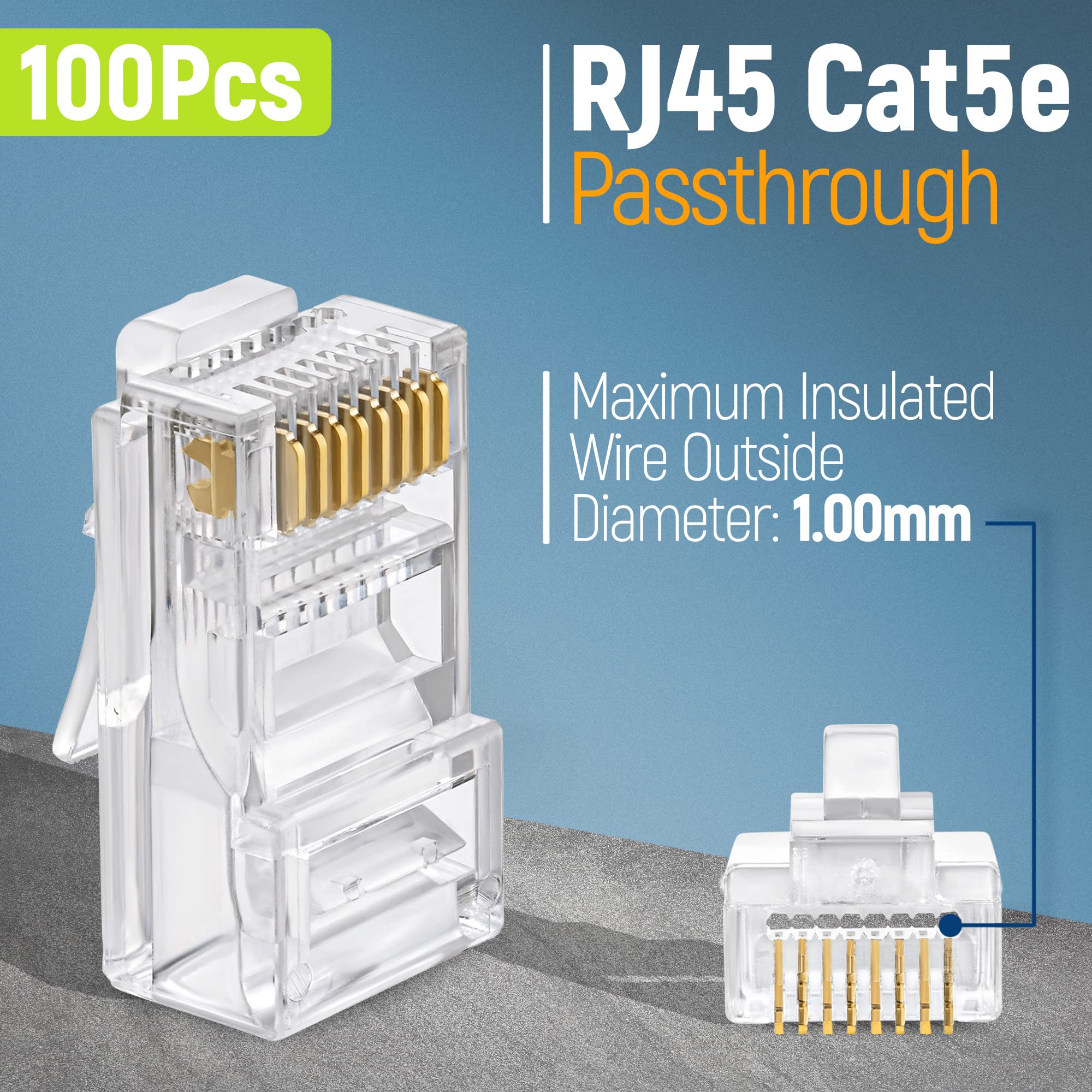 Everest Cat5E Rj45 Pass Through Connector 100-Pack - Ez Cat 5E Pass Through Rj45 Connectors - Cat 5E Connectors - Ethernet Conne