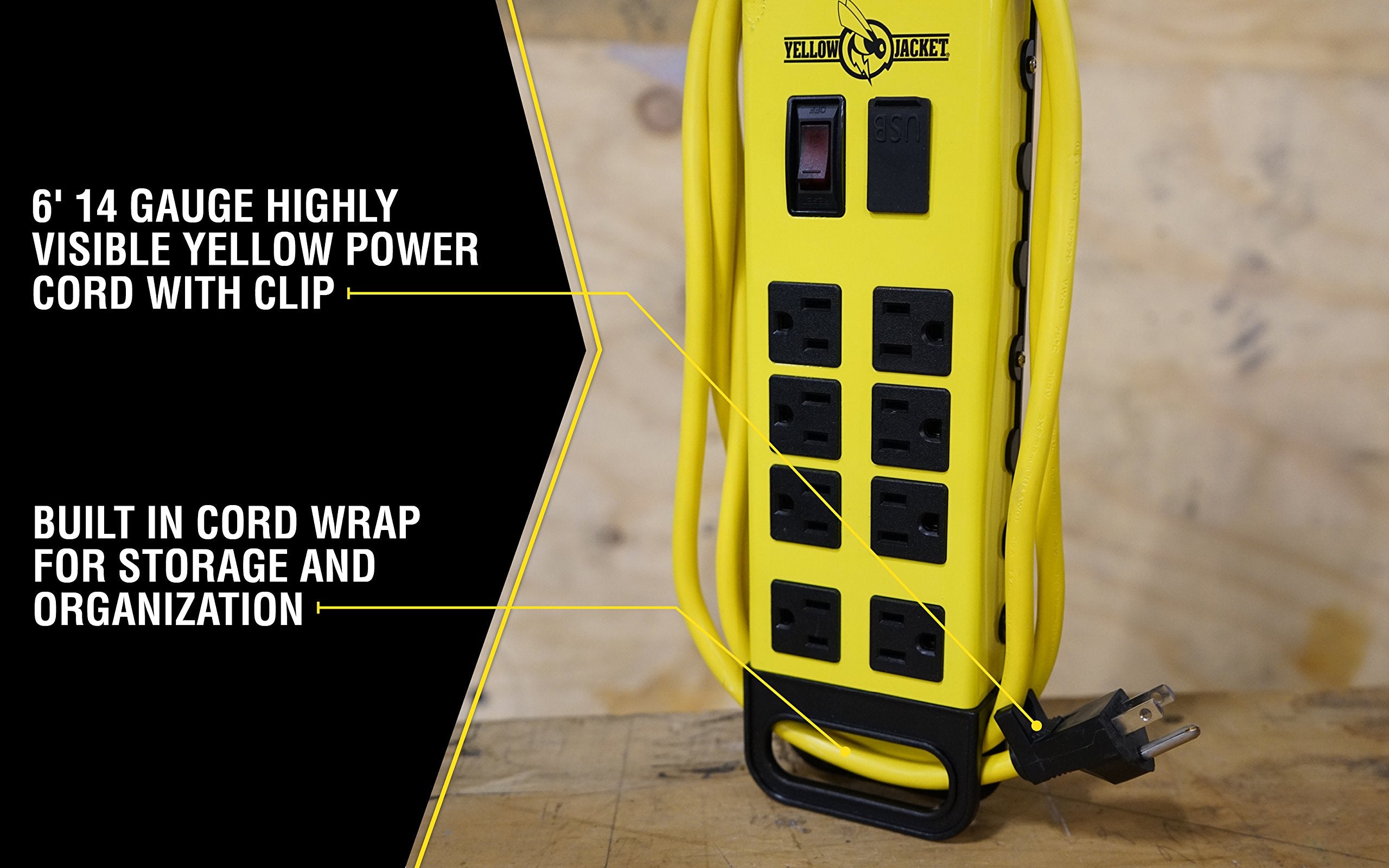 Yellow Jacket 5148 Modern 8 Outlet Metal Power Block With 2 Usb Ports; Yellow