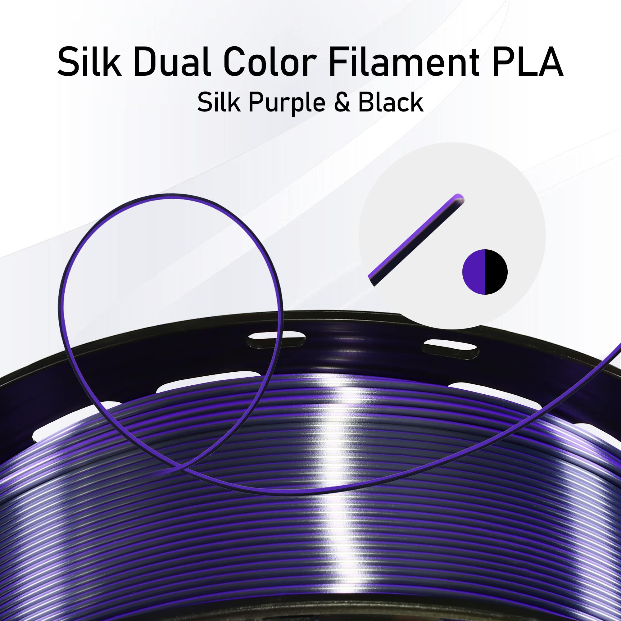 Mika3D 1.75Mm Silk Shiny Purple Black Pla Dual Color Co Extrusion 3D Filament, 2 Colors In 1 3D Filament, 1Kg 3D Printing Materi