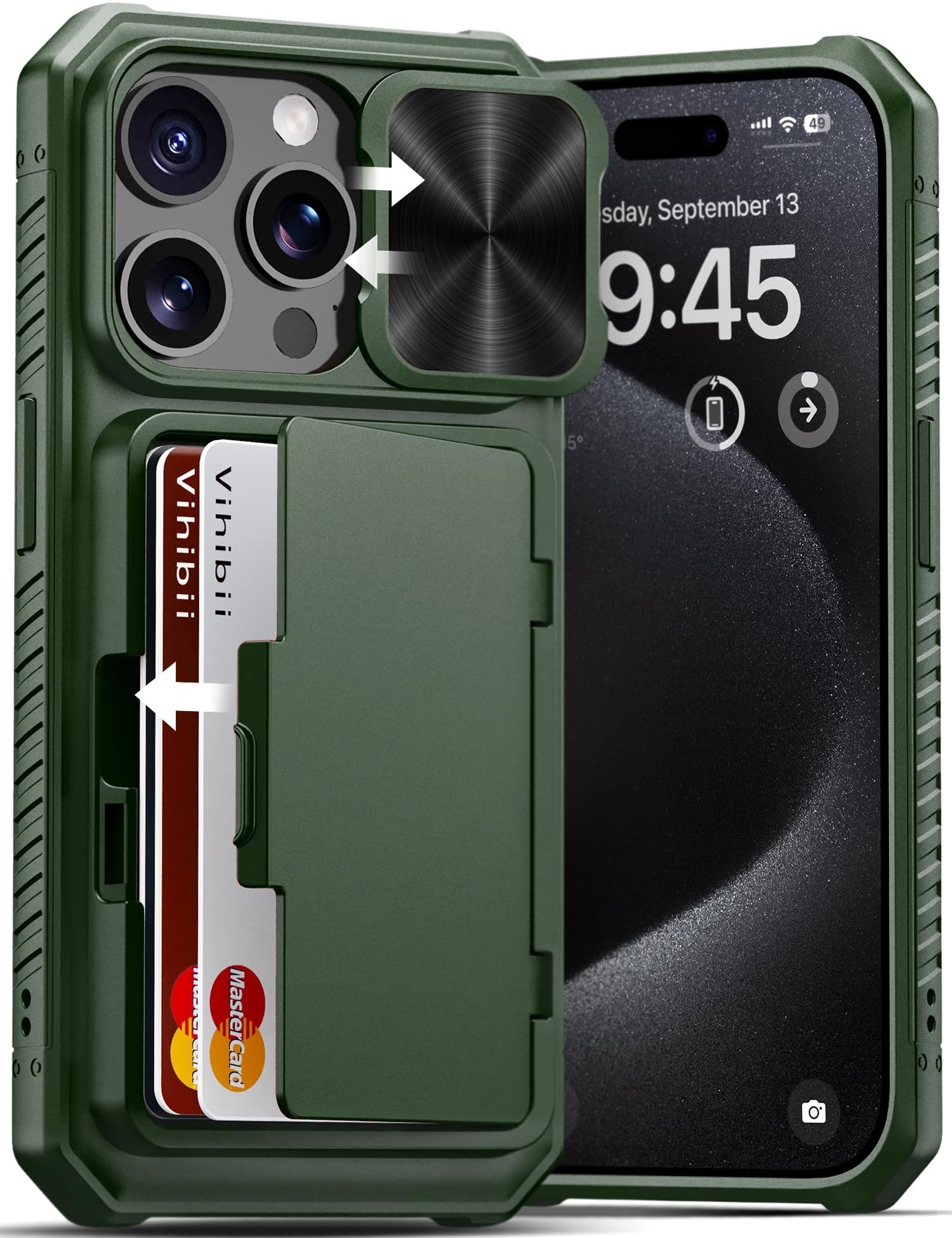 Vihibii For Iphone 15 Pro Case Wallet With Card Holder (4 Cards) & Slide Camera Lens Cover & Kickstand & Raised Edges Protective
