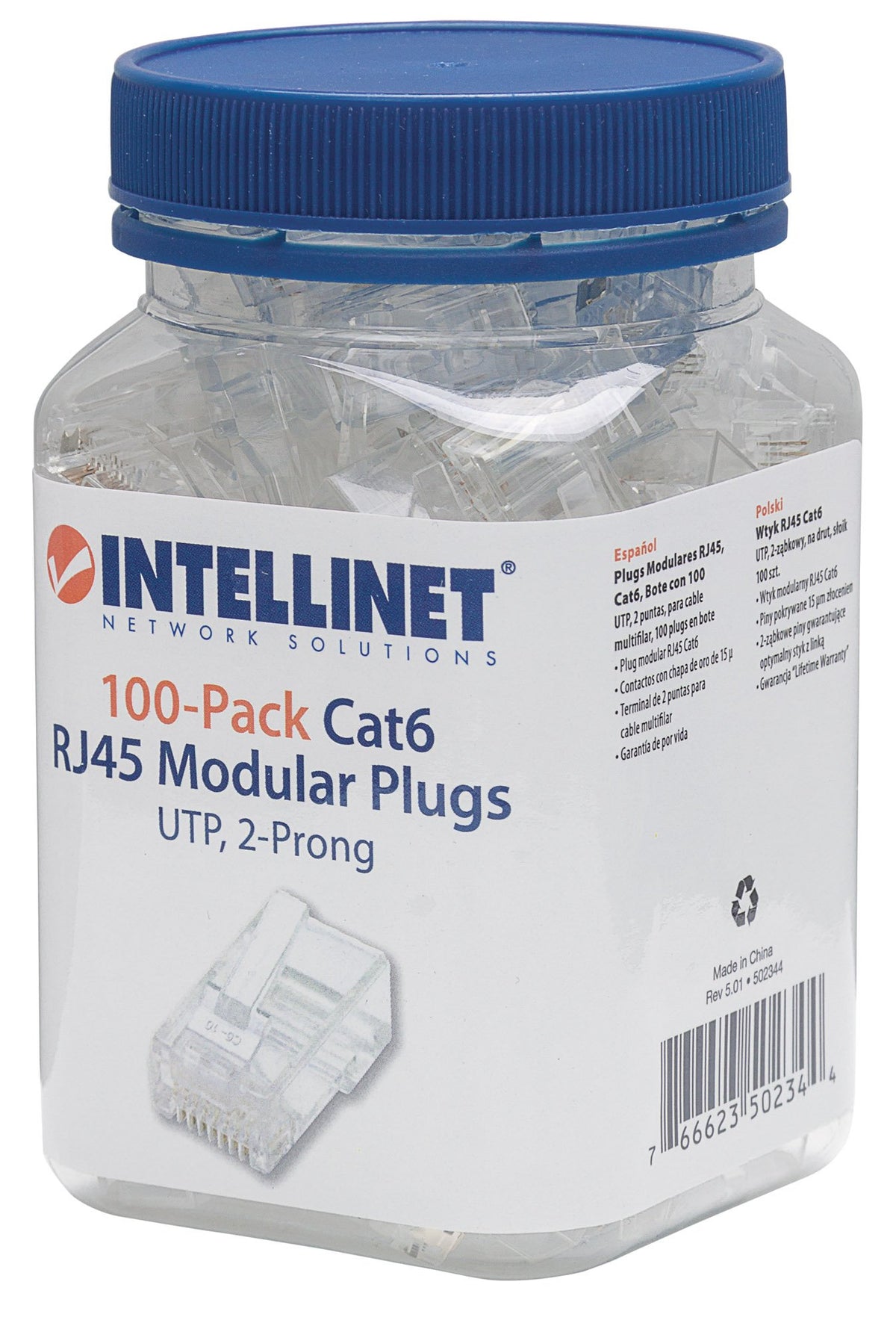 Intellinet Cat6 Rj45 Connector Ends Set Modular Plugs 100 Pcs   Stranded Wire Two Prong Terminals & Gold Plated Contacts   Utp E