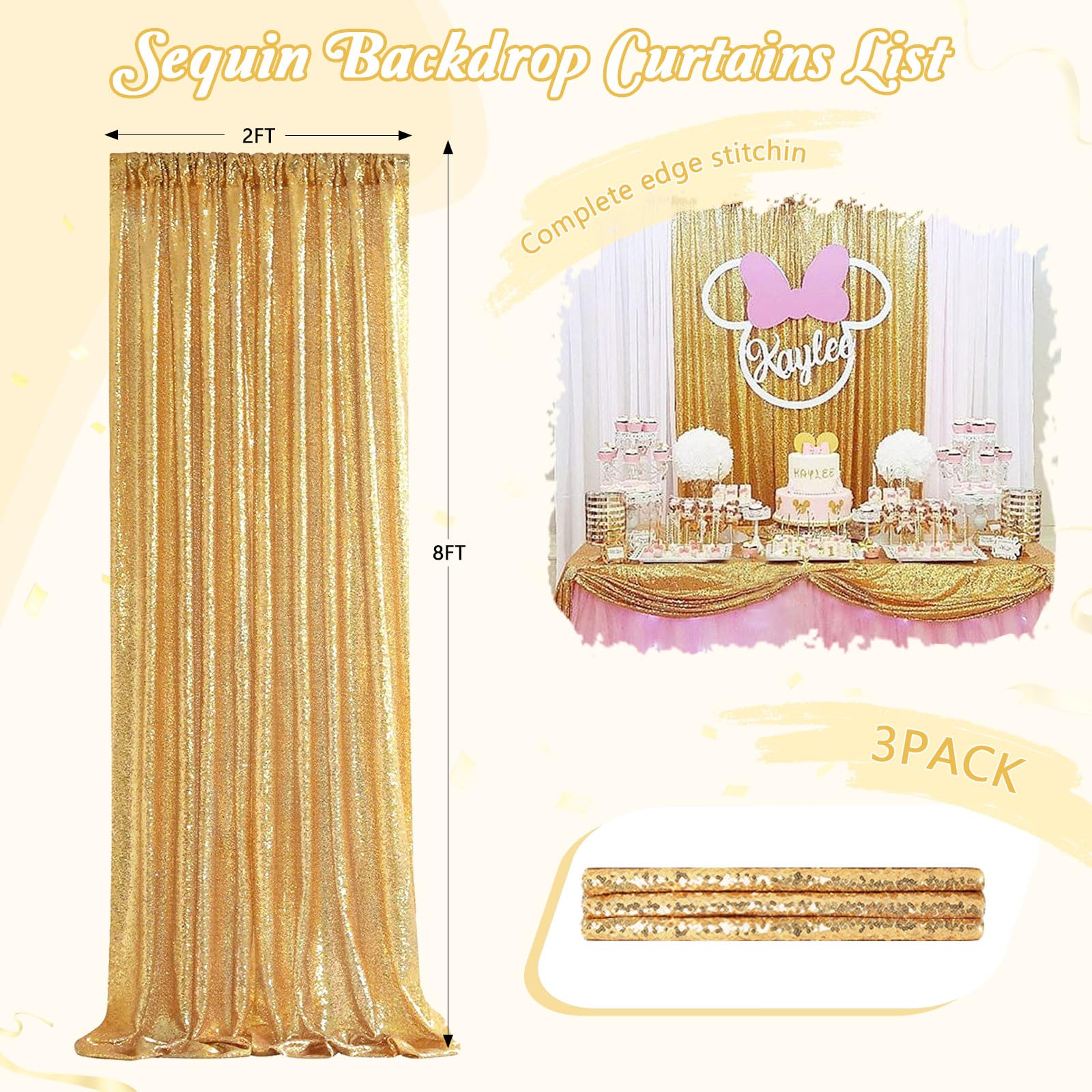 Gold Backdrop Curtain For Parties   3 Pieces Glitter Sequin Background Backdrops 2X8Ft Birthday Baby Shower Decorations