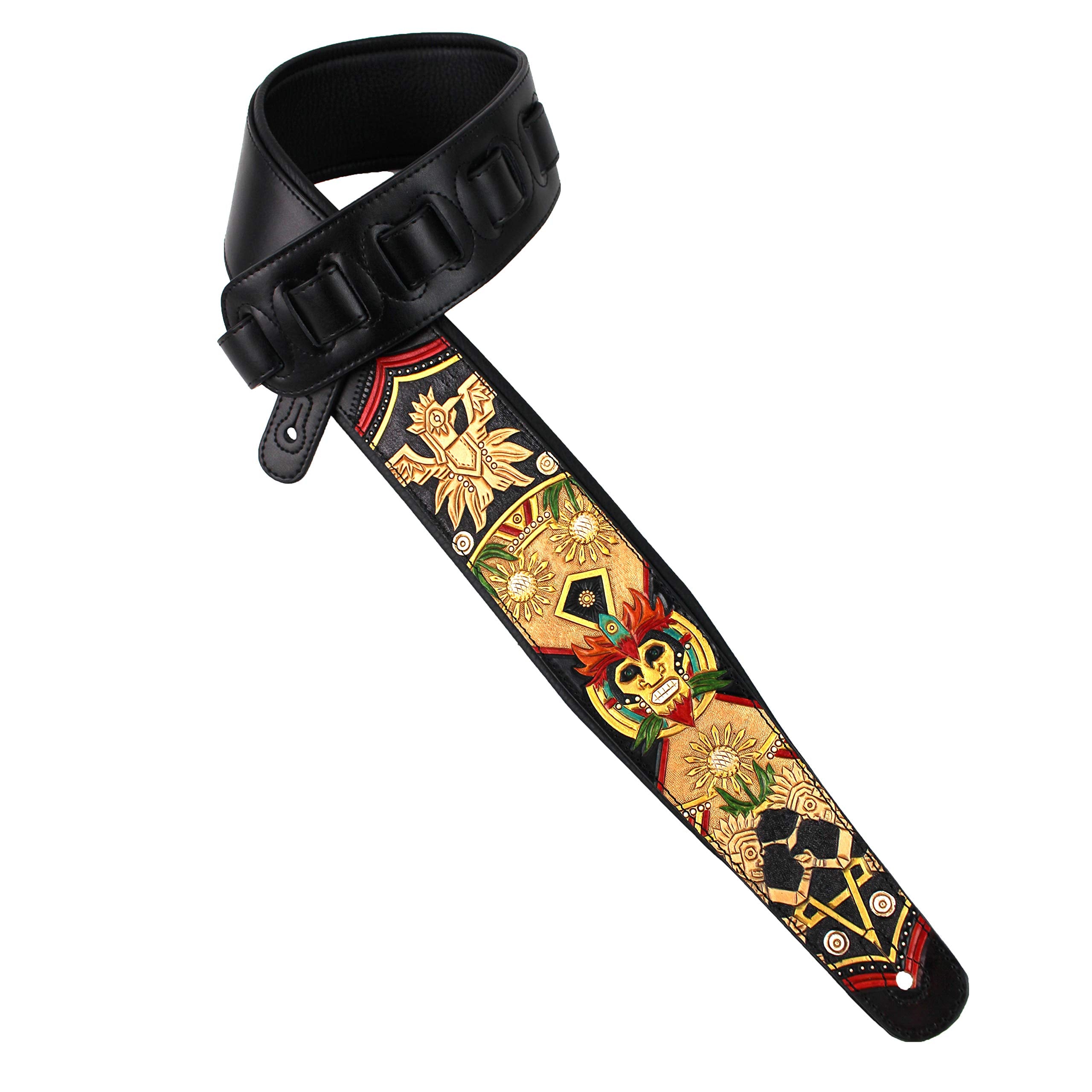 Walker And Williams Kb 50 Tn Handmade Heritage Series Black And Tan Guitar Strap With Multicolor Mayan Design On Tan Carved Leat