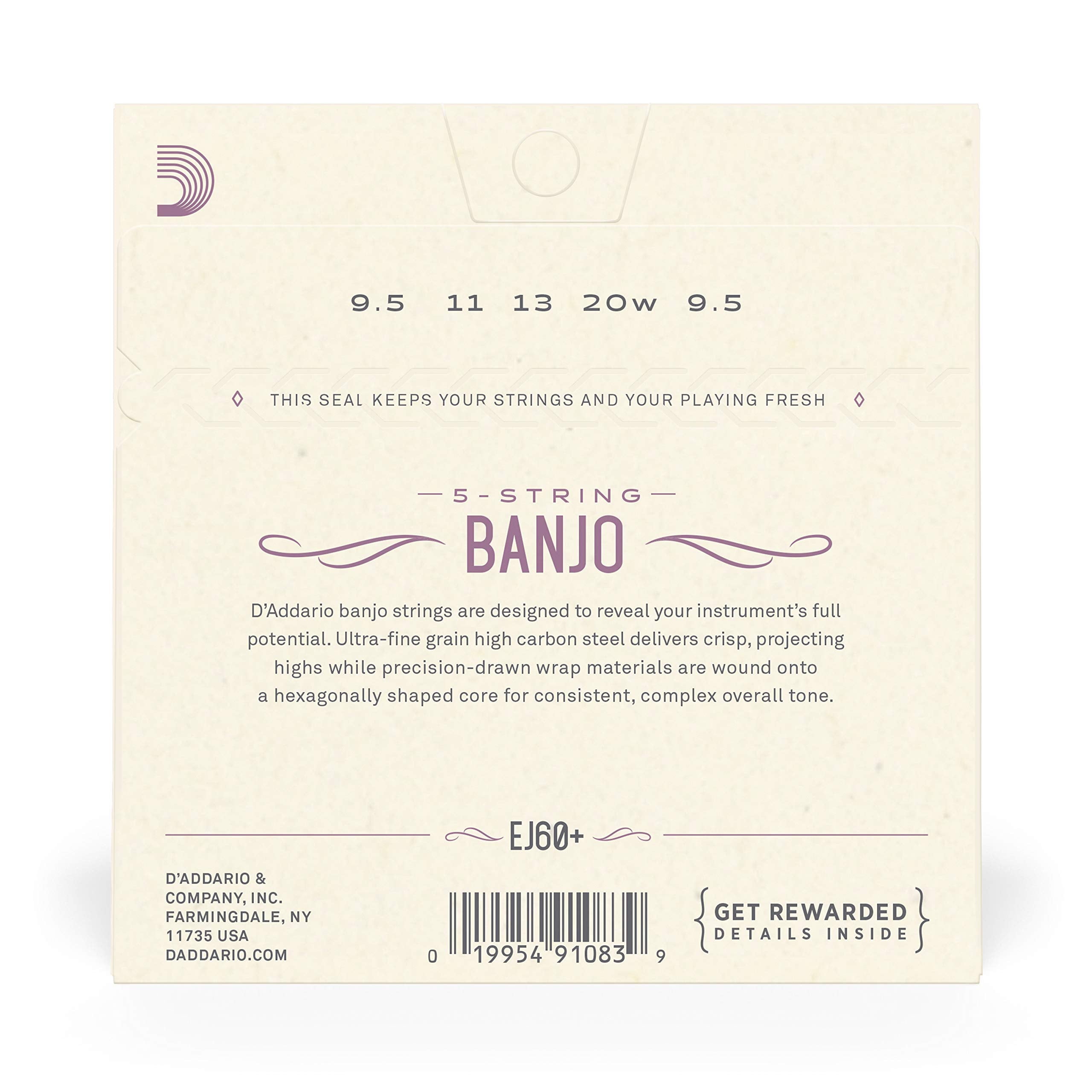 D'Addario Banjo Strings, Nickel Plated Steel, Ej60+, Light Plus Gauge 9.5 20, 5 String Set, Pack Of 1