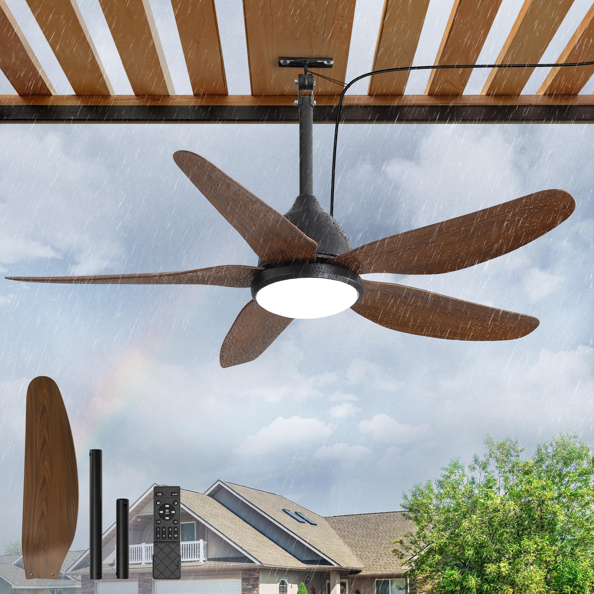 Glowivia 46 Outdoor Ceiling Fan with Lights, IP65 Waterproof Gazebo Fan with Remote Control 6-Speeds DC Motor, Brown Plug in Han