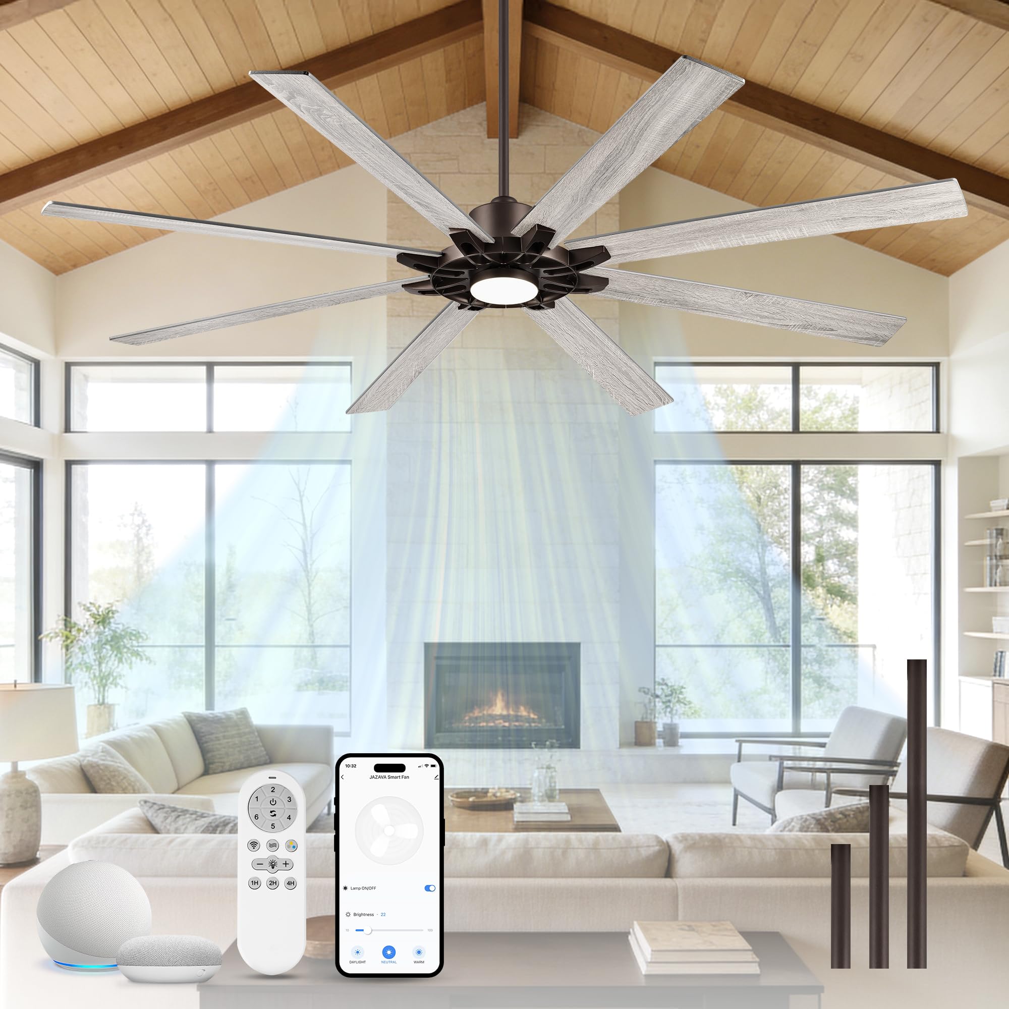 JAZAVA 84 Inch Ceiling Fan with Light,Large Outdoor Ceiling Fan for High Ceilings,Smart Ceiling Fan Compatible with Alexa,Modern
