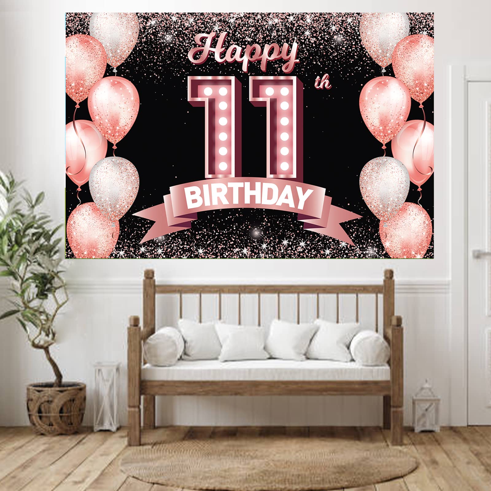 Happy 11Th Birthday Rose Gold Banner Backdrop Cheers To 11 Years Old Confetti Balloons Theme Decor Decorations For Girls 11 Year