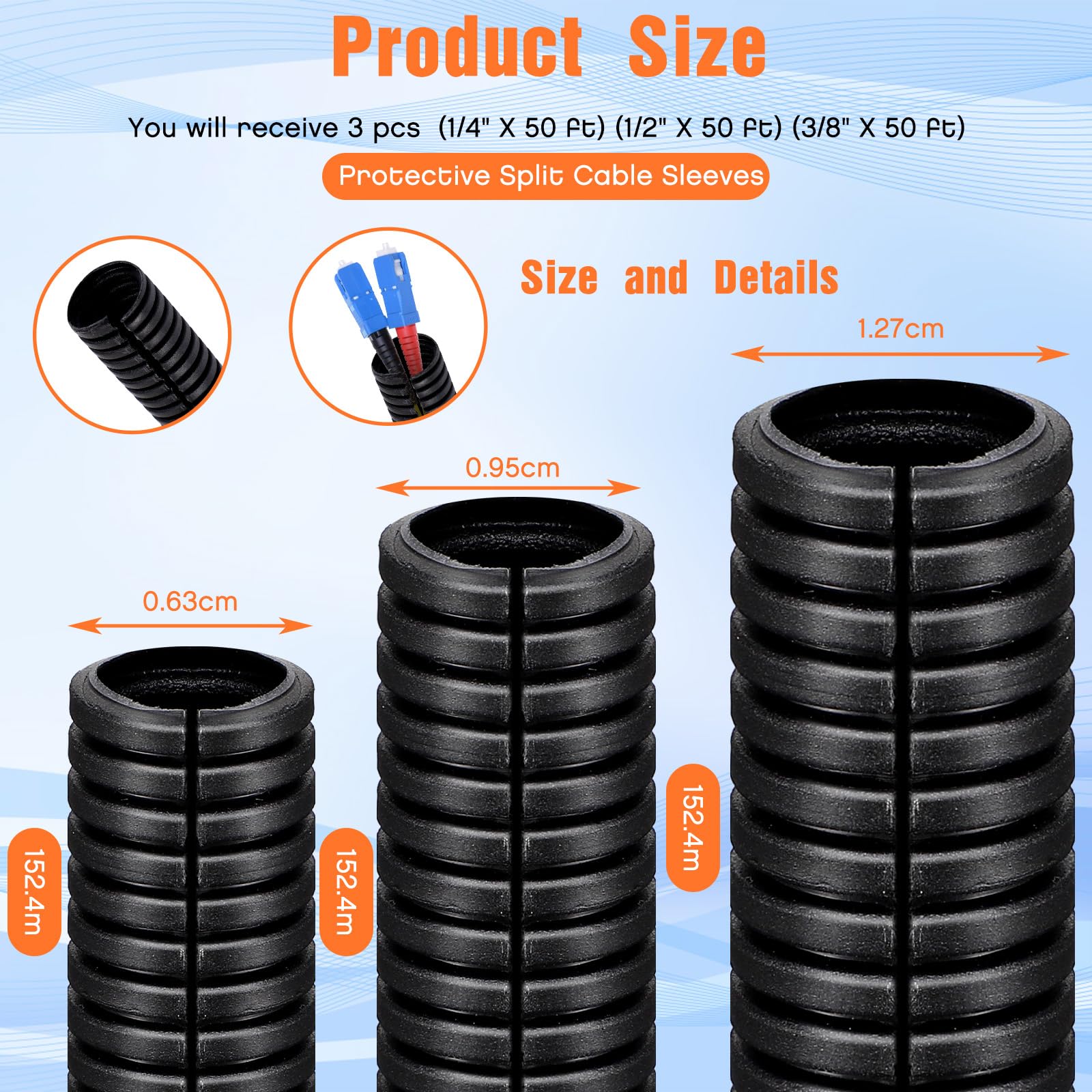 Sasylvia 1/4, 1/2, 3/8 X 50 Ft Split Wire Loom Tubing Wire Loom Assortment Split Cable Sleeves Bulk Flexible Electrical Conduit
