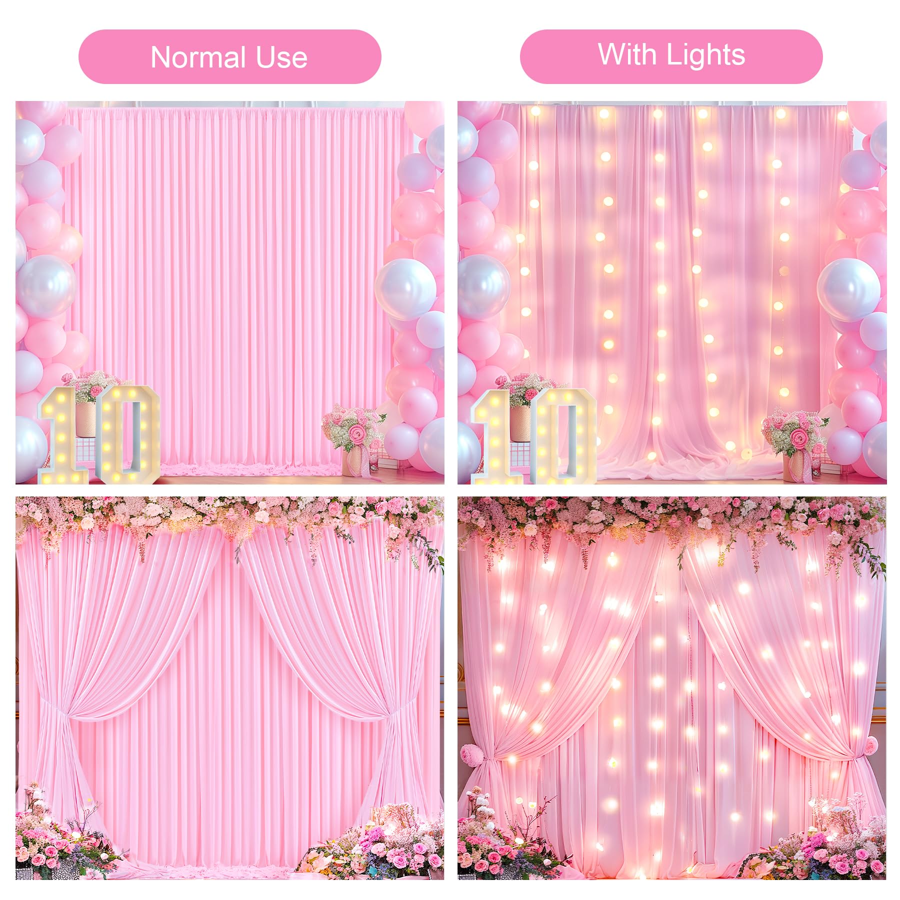 Pink Backdrop Curtains With Lights For Parties,10X10Ft Wrinkle Free Polyester Wedding Photo Backdrop Curtains For Baby Shower Bi