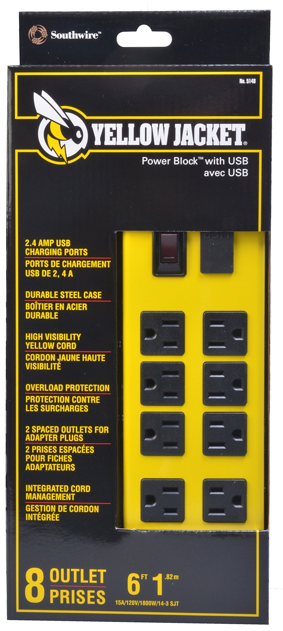Yellow Jacket 5148 Modern 8 Outlet Metal Power Block With 2 Usb Ports; Yellow