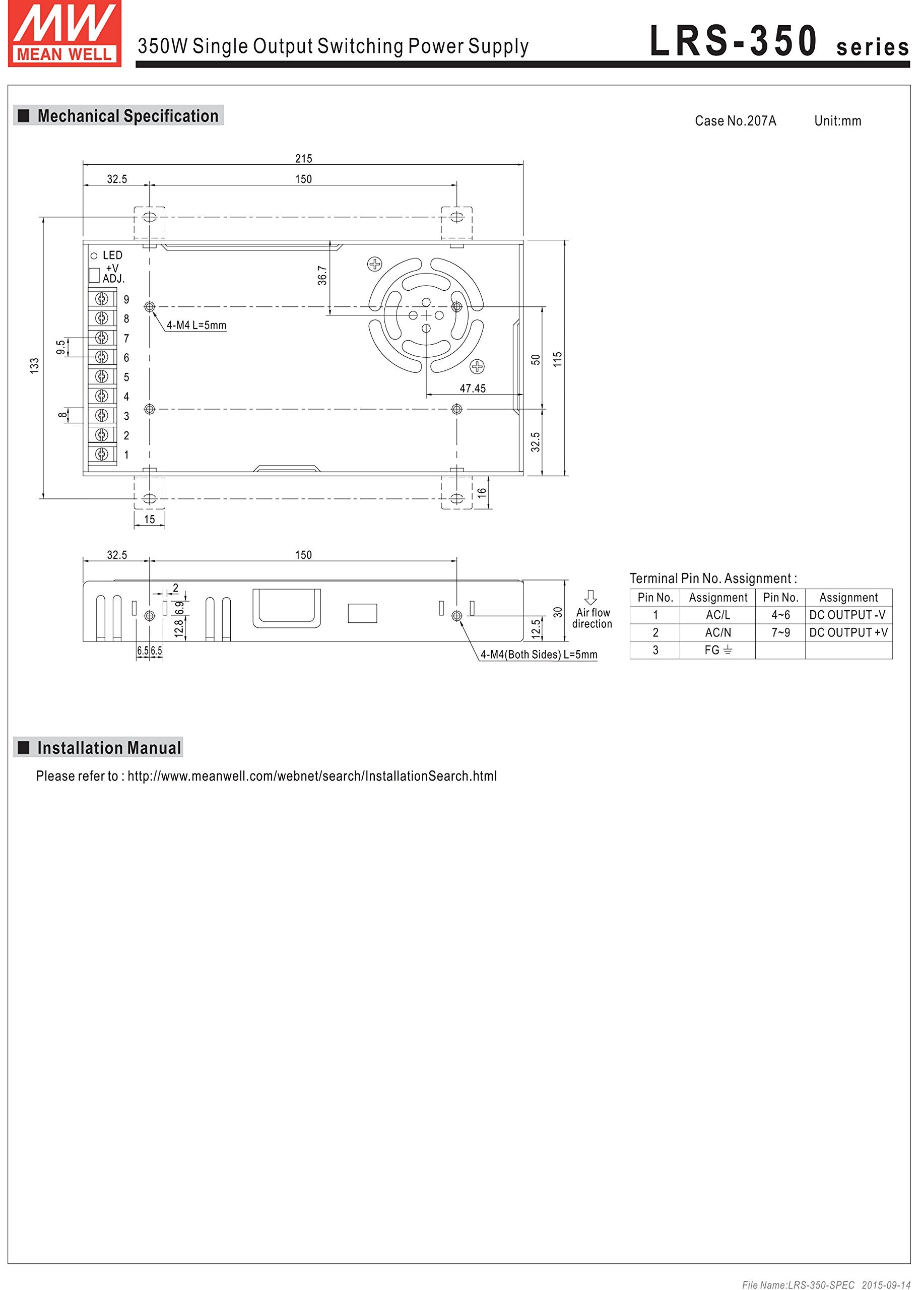Mean Well Lrs 350 48 350.4W 48V 7.3 Amp Single Output Switchable Power