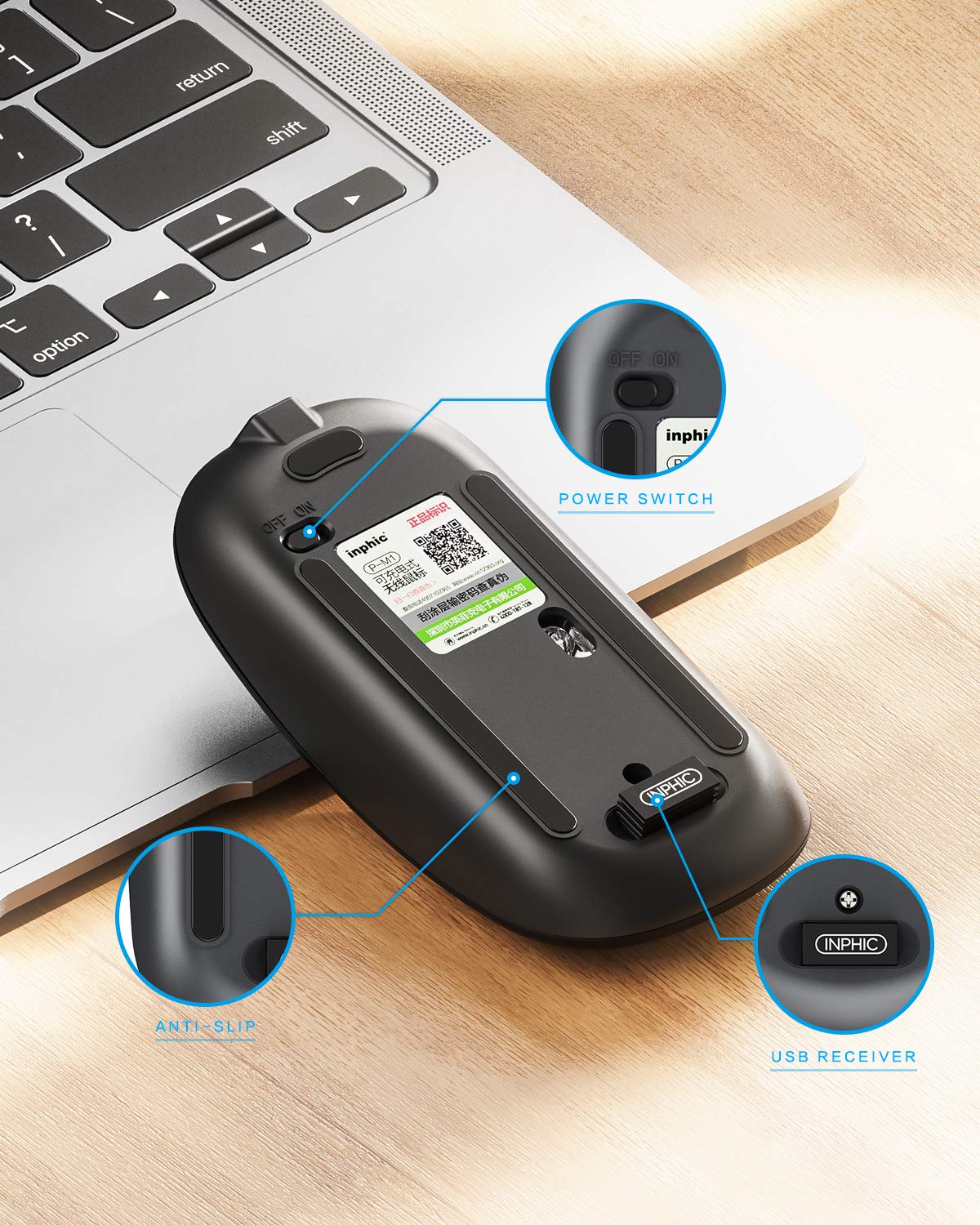 INPHIC Slim Wireless Mouse, Rechargeable, 2.4G Silent, 1600 DPI, LED-Black, Model M1P-Black