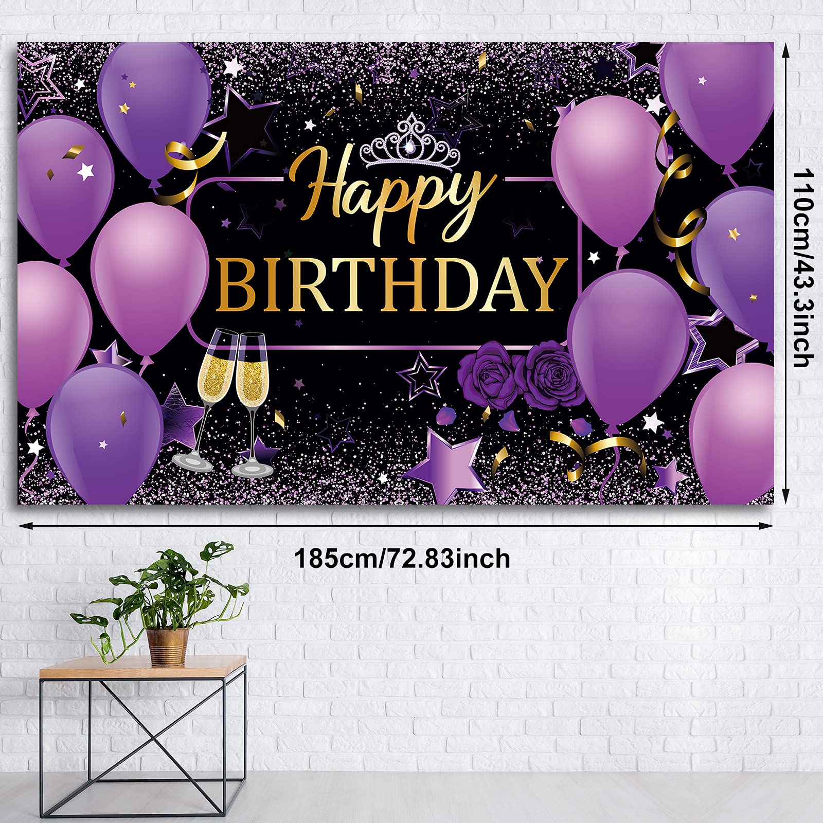 Frienda Purple Birthday Banner Purple Happy Birthday Decorations For Women Backdrop Banner Sign 72.8 X 43.3 Inch Photo Photograp