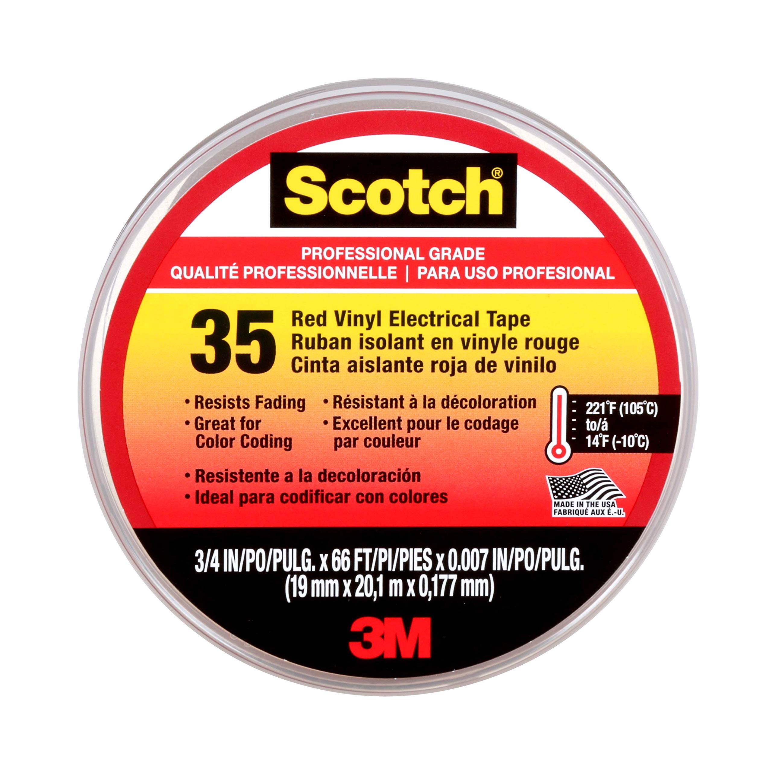 3M Scotch 35 Vinyl Electrical Color Coding Tape, 3'' Core, 0.75'' X 66 Ft, Red