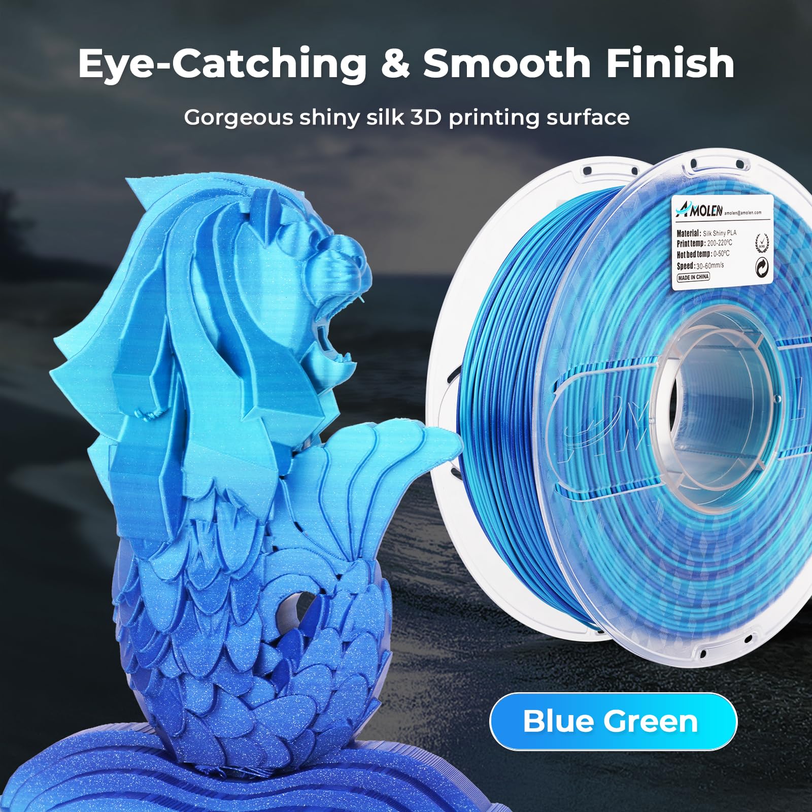 Amolen Pla 3D Printing Filament, Silk Pla Filament 1.75Mm Silk Shiny Filament Azure Blue Filament, 3D Printing Filament 1Kg/2.2L