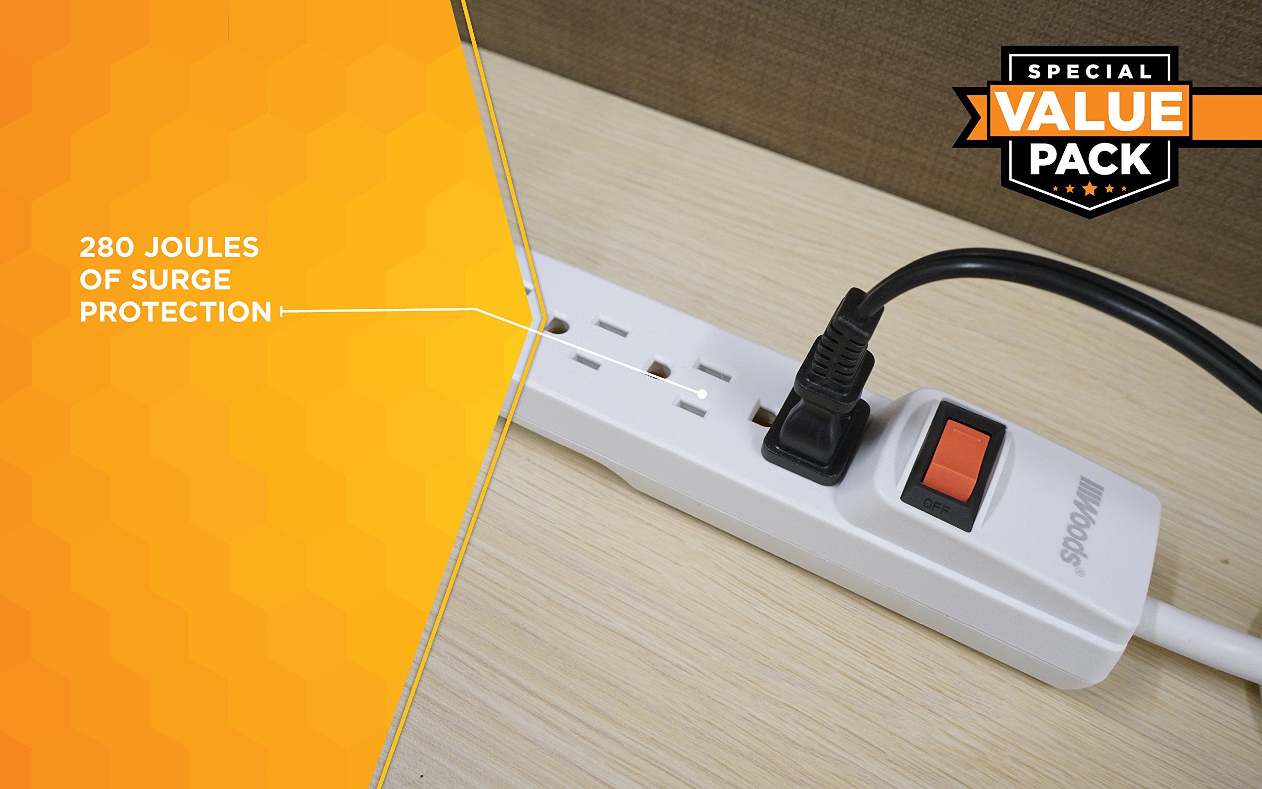 Woods 41346 Surge Protector With Overload Safety Feature 6 Outlets And 2.5 Ft Cord For 280J Of Protection, White, 2 Pack, One Size