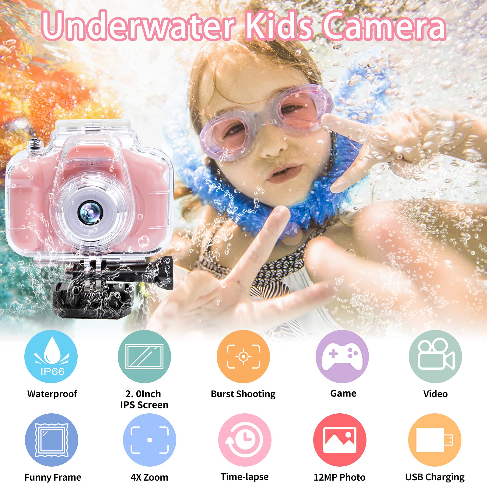 Fkateen Kids Camera Underwater Waterproof Digital Camera For Kids 2 Inch Ips Screen 1080P Hd Kids Video Action Camera For 3 4 5