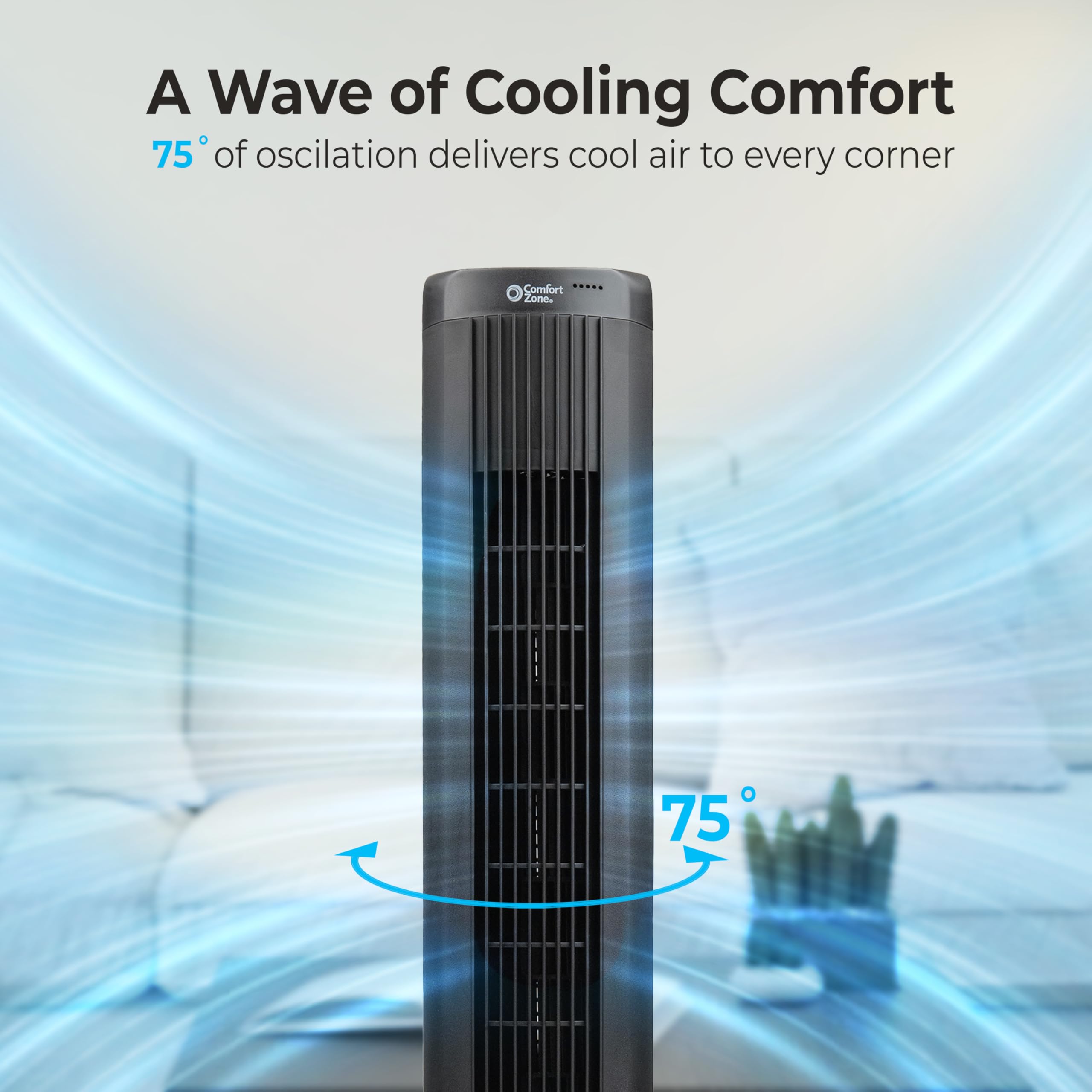 Comfort Zone Bladeless Tower Fan - 40" Oscillating Stand Fan, 3 Speeds, Remote Control, Black, Model MTBFL-40AR