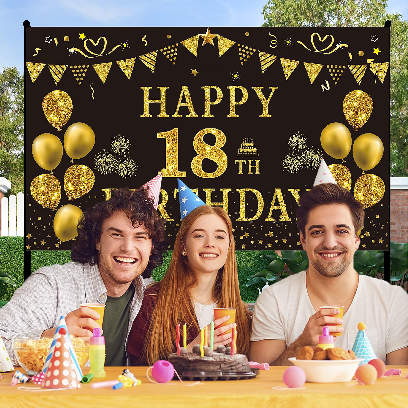 Trgowaul 18Th Birthday Decorations For Men   Black Gold 18Th Birthday Backdrop Banner 5.9 X 3.6 Fts Happy 18Th Birthday Decorati