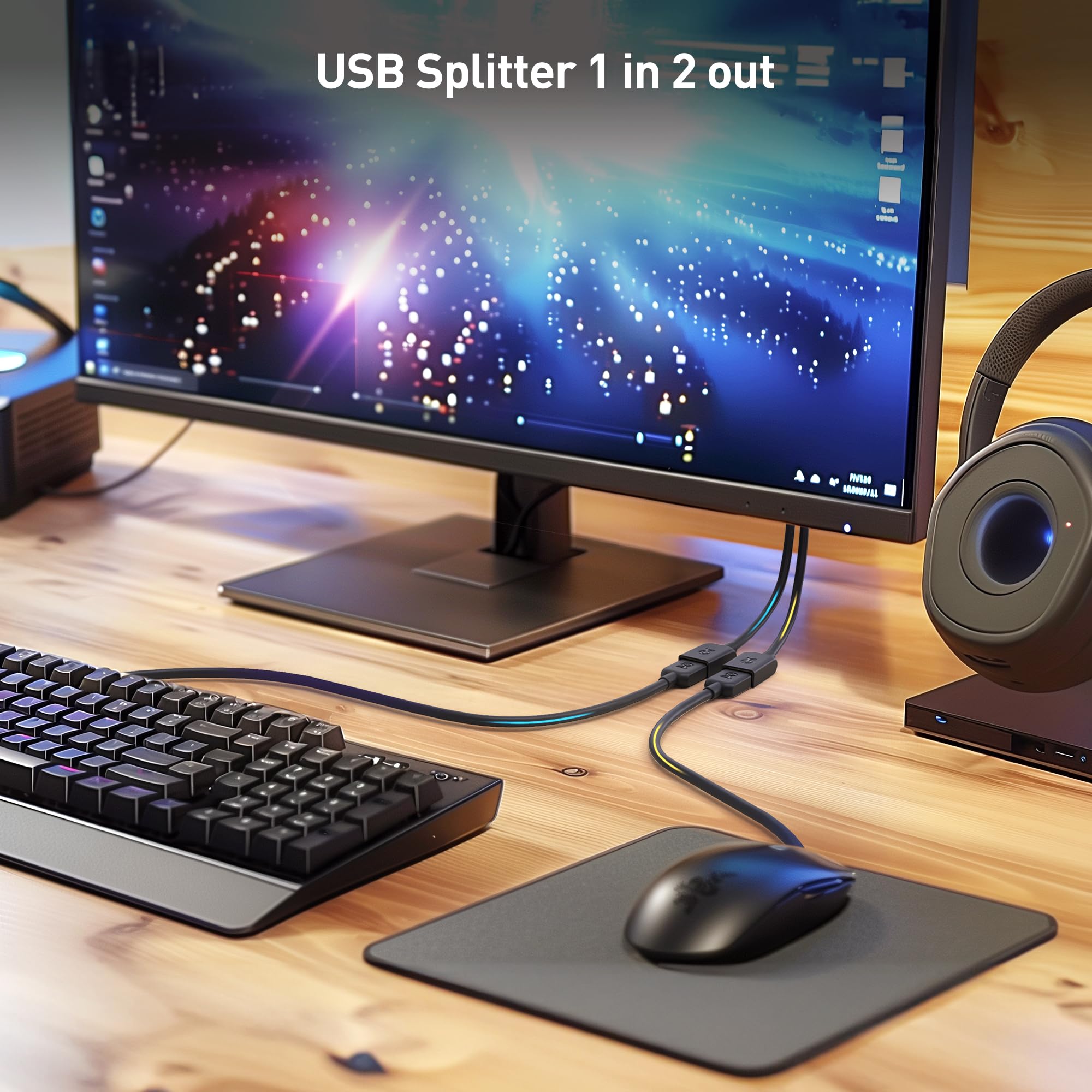 Cable Matters USB 2.0 A Male to Female USB Splitter 1 in 2 Out   1ft, USB Y Splitter Hub with 480Mbps Data Transfer, BC 1.2 Charging Support, USB Power Splitter