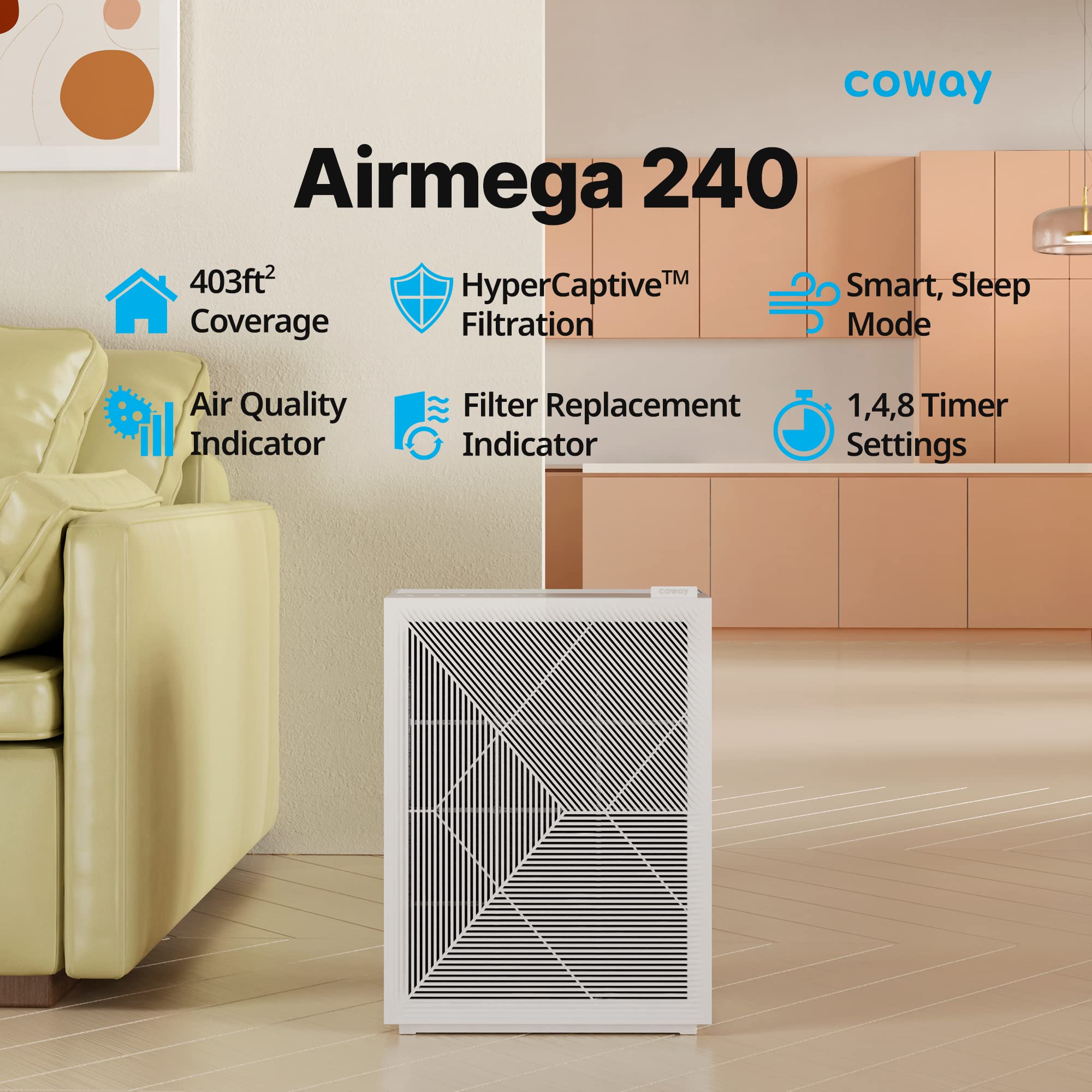 Coway Airmega 240 True Hepa Air Purifier With Air Quality Monitoring, Auto, And Filter Indicator, Dove White