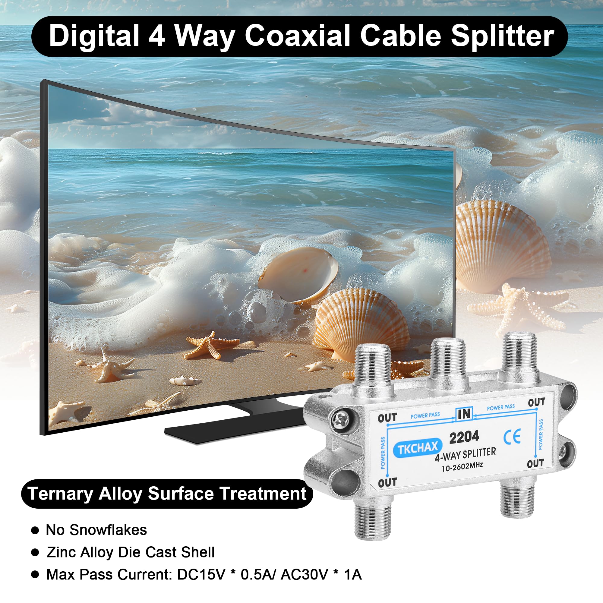 Tkchax 4 Way Coaxial Cable Splitter,Support 10 2602Mhz, Rg6 Compatible, Nickel Plated For Cable Splitter,Work With Catv, Satelli