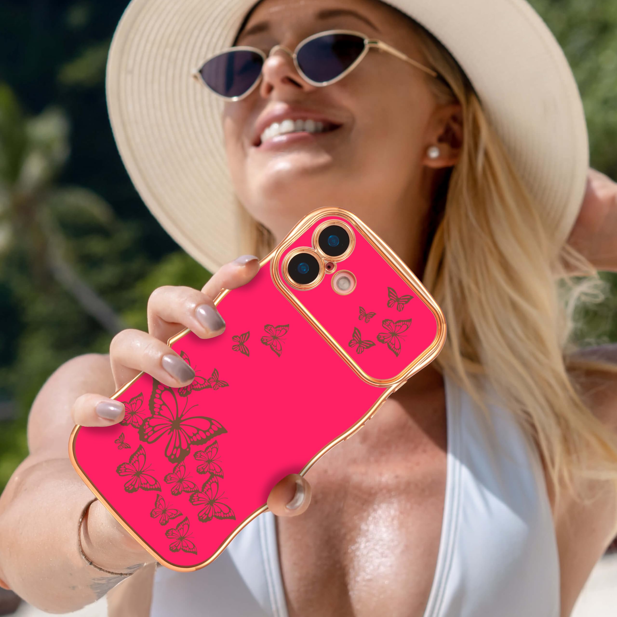 Ztofera For Iphone 16 Plus Case For Girl Women, Cute Curly Wave Frame With Luxury Plating Butterfly Pattern, Soft Tpu Shockproof