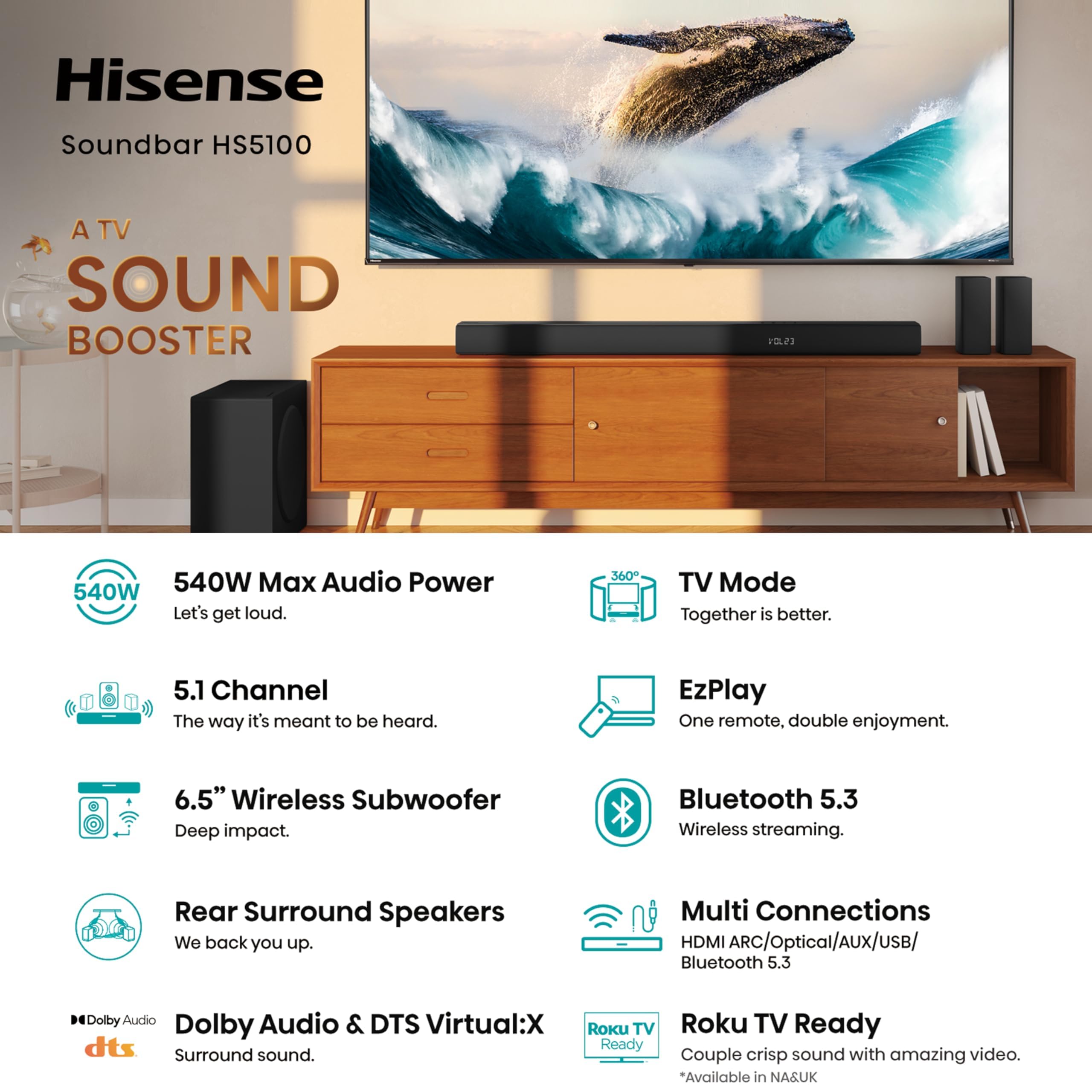 Hisense Hs5100 5.1Ch Sound Bar With Wireless Subwoofer, 540W, Dolby Digital Plus, Bluetooth 5.3, Ezplay, Roku Tv Ready, Dts: X,