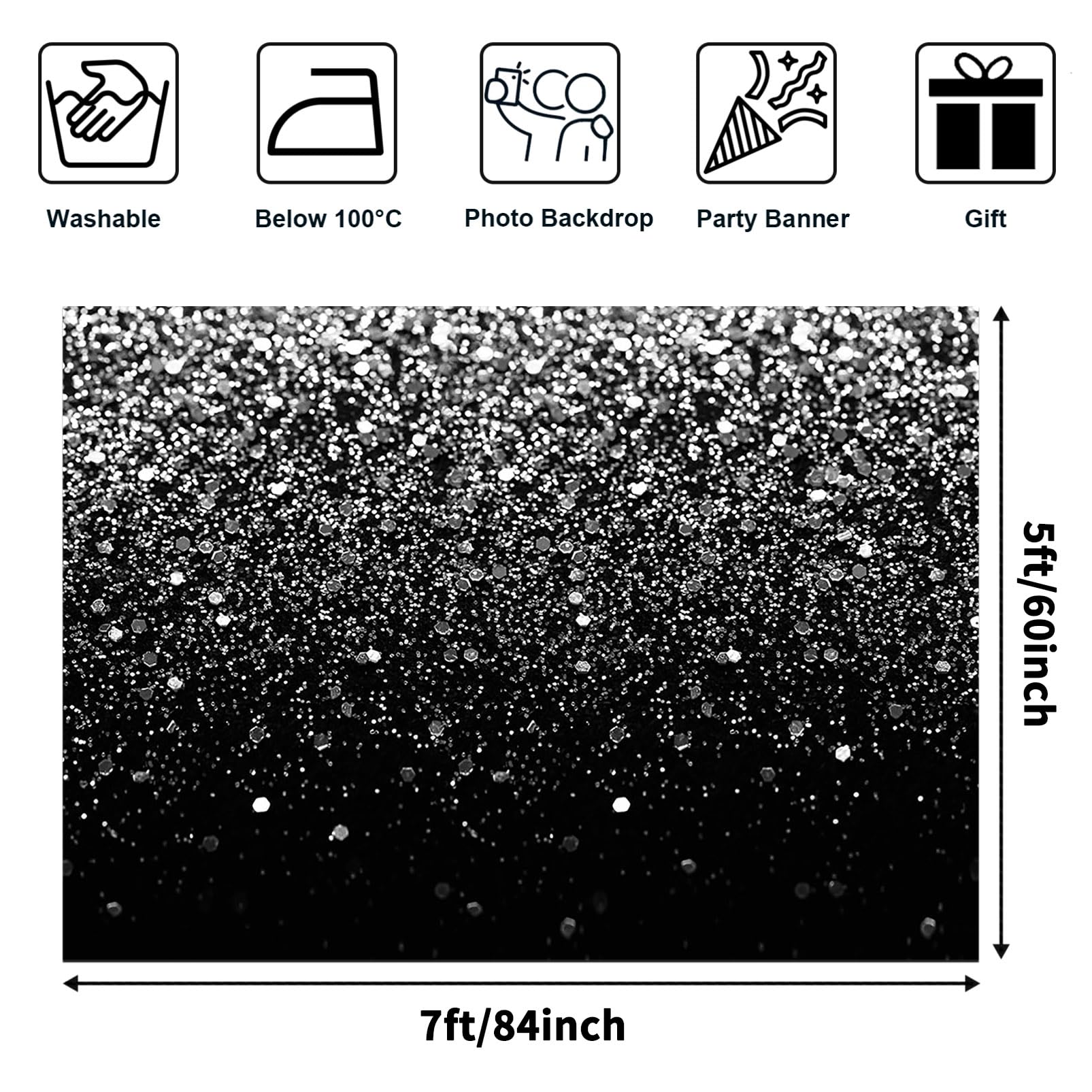 Comophoto Silver Bokeh Black Backdrop 7X5Ft Birthday Party Silver Black Themed Photography Background Silver Dots Decorations Wedding Birthday Party Events Banner Photo Booth Backdrops