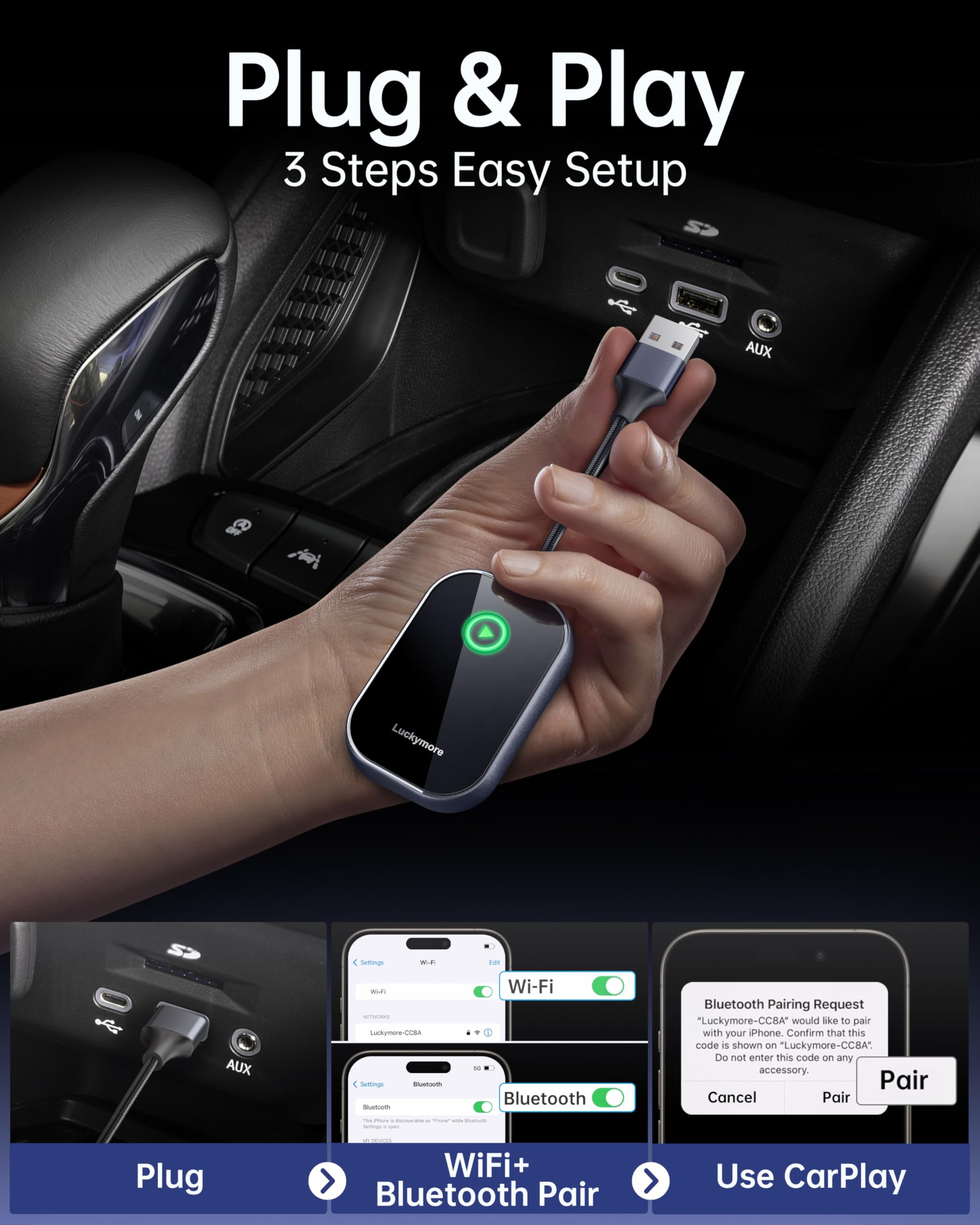 Luckymore Wireless Carplay Adapter, Converts Wired To Wireless Carplay Dongle For Wireless Control Plug & Play Carplay Fit For C