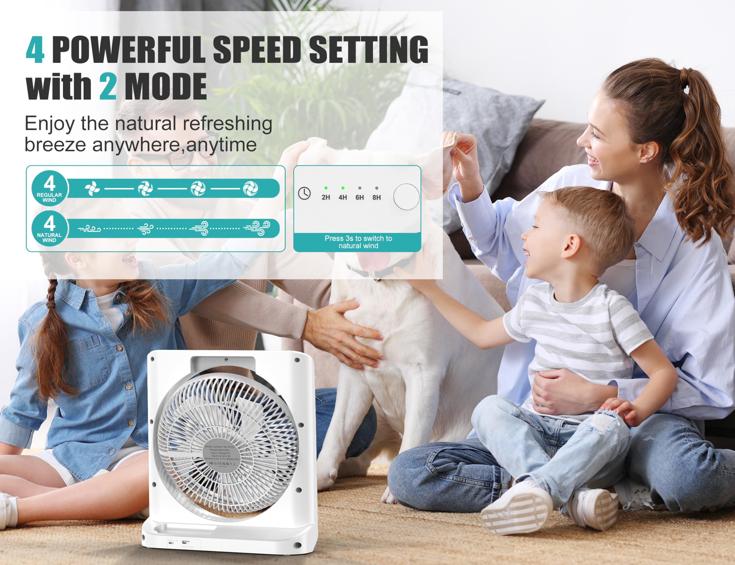 20000Mah Rechargeable Fan For Camping   55H Super Long Last Battery Operated Fan, 10'' Square Table Fan With Timer, 210 Pivot 4