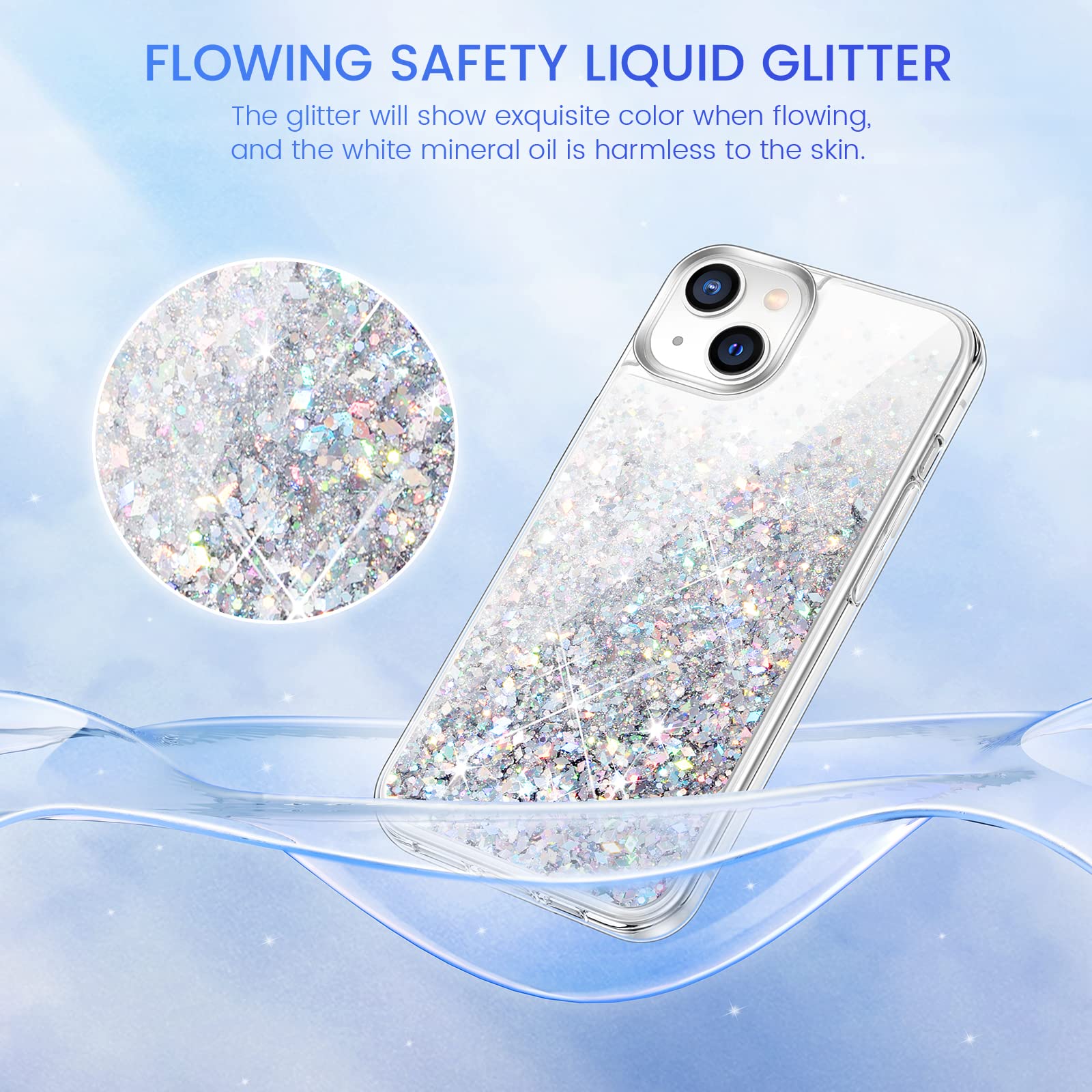 Caka For Iphone 14 Case, Iphone 13 Case For Women Girls With Screen Protector Bling Sparkle Liquid Flowing Glitter Quicksand Cle