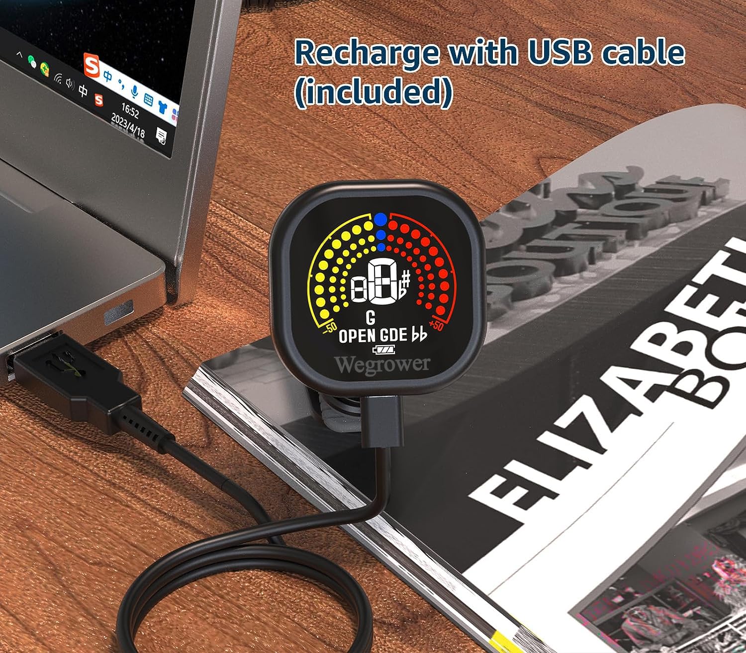 Wegrower Guitar Tuner Rechargeable, Clip On Tuner With Lcd Color Display With Guitar, Ukulele, Violin And Chromatic Tuning Modes