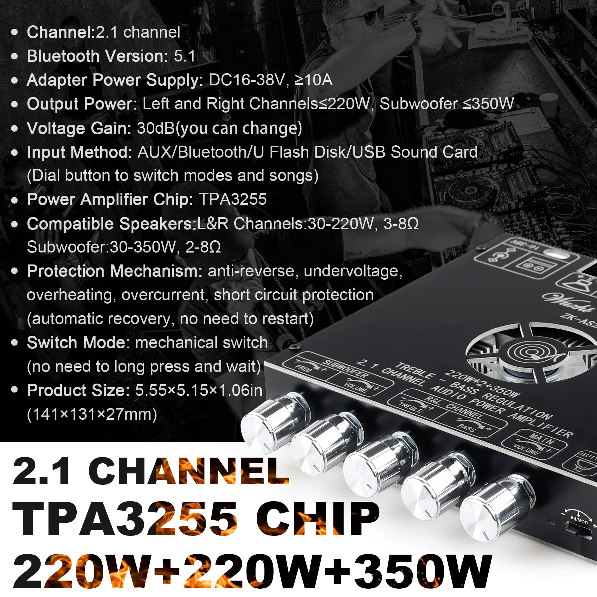 Zk As21 220W*2+350W 2.1 Bluetooth Power Amplifier Board With Tpa3255 Chip, 18V 36V Bluetooth Speaker Audio Amplifier Module