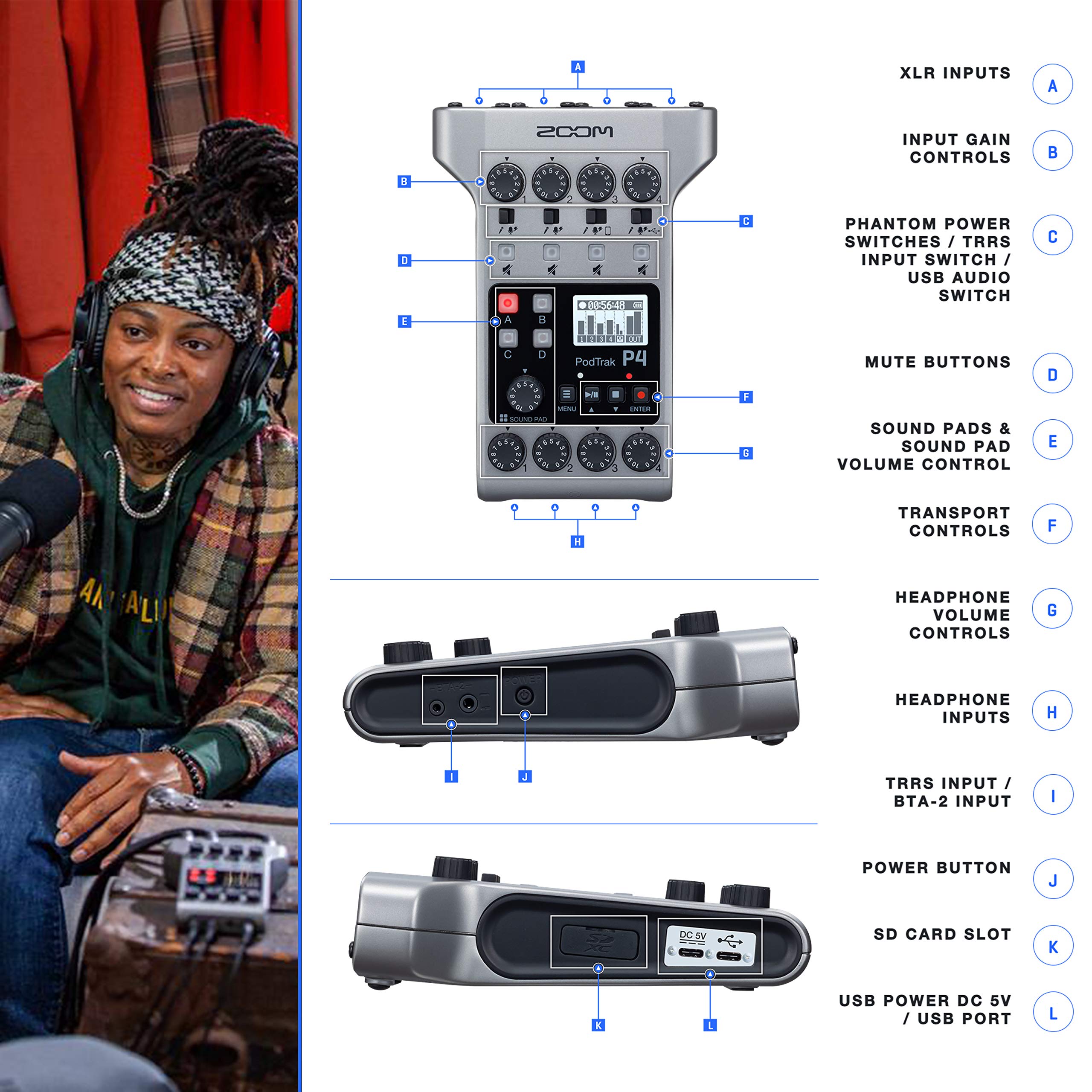 Zoom Podtrak P4 Portable Multitrack Podcast Recorder + 64Gb Sdxc Memory Card + 4X Dynamic Cardioid Handheld Mic + 4X Stereo Head