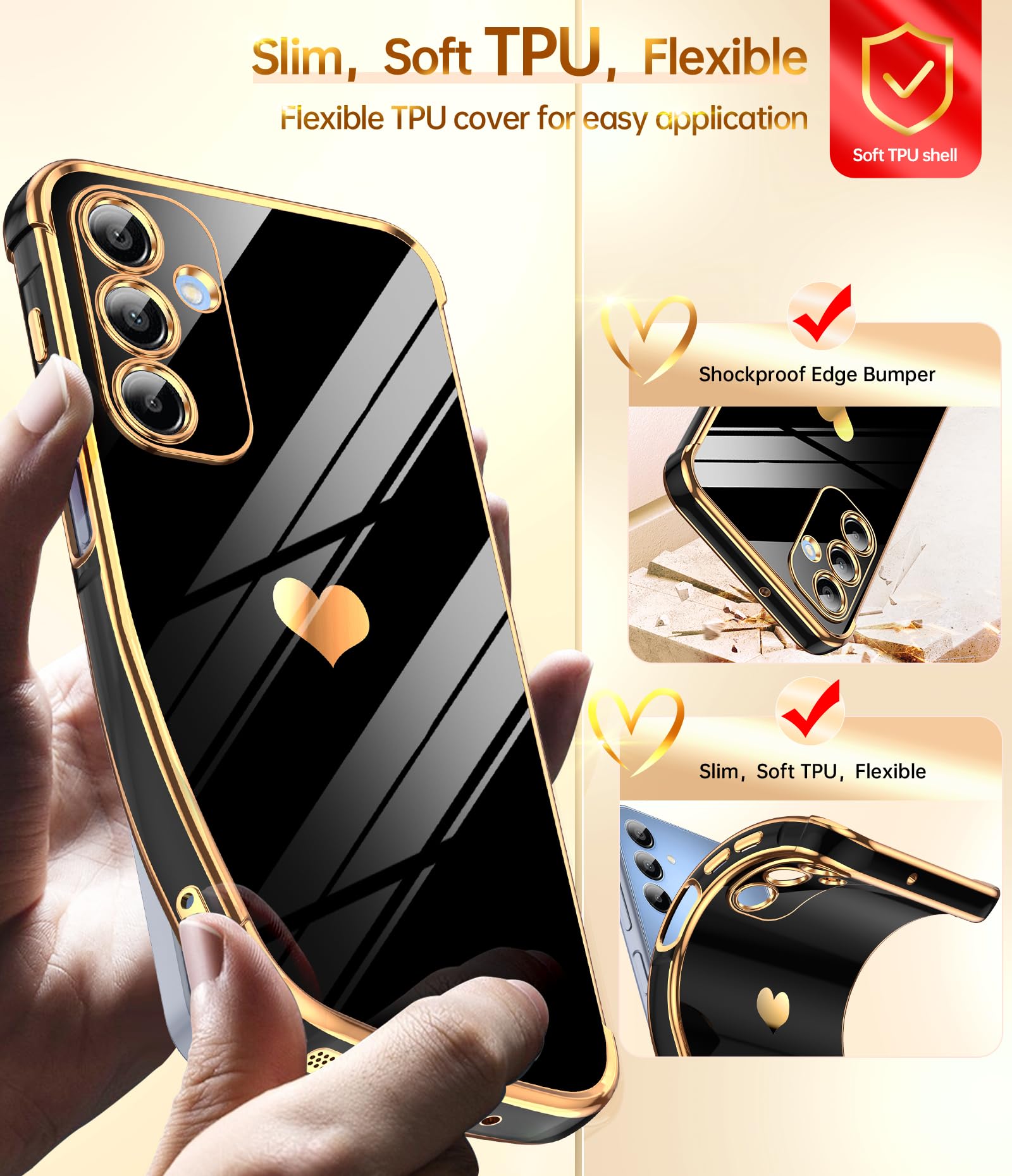 Leyi For Samsung Galaxy A16 5G Case: With Tempered Glass Screen Protector [2 Pcs]+ Full Camera Lens Protection,Love Heart Platin