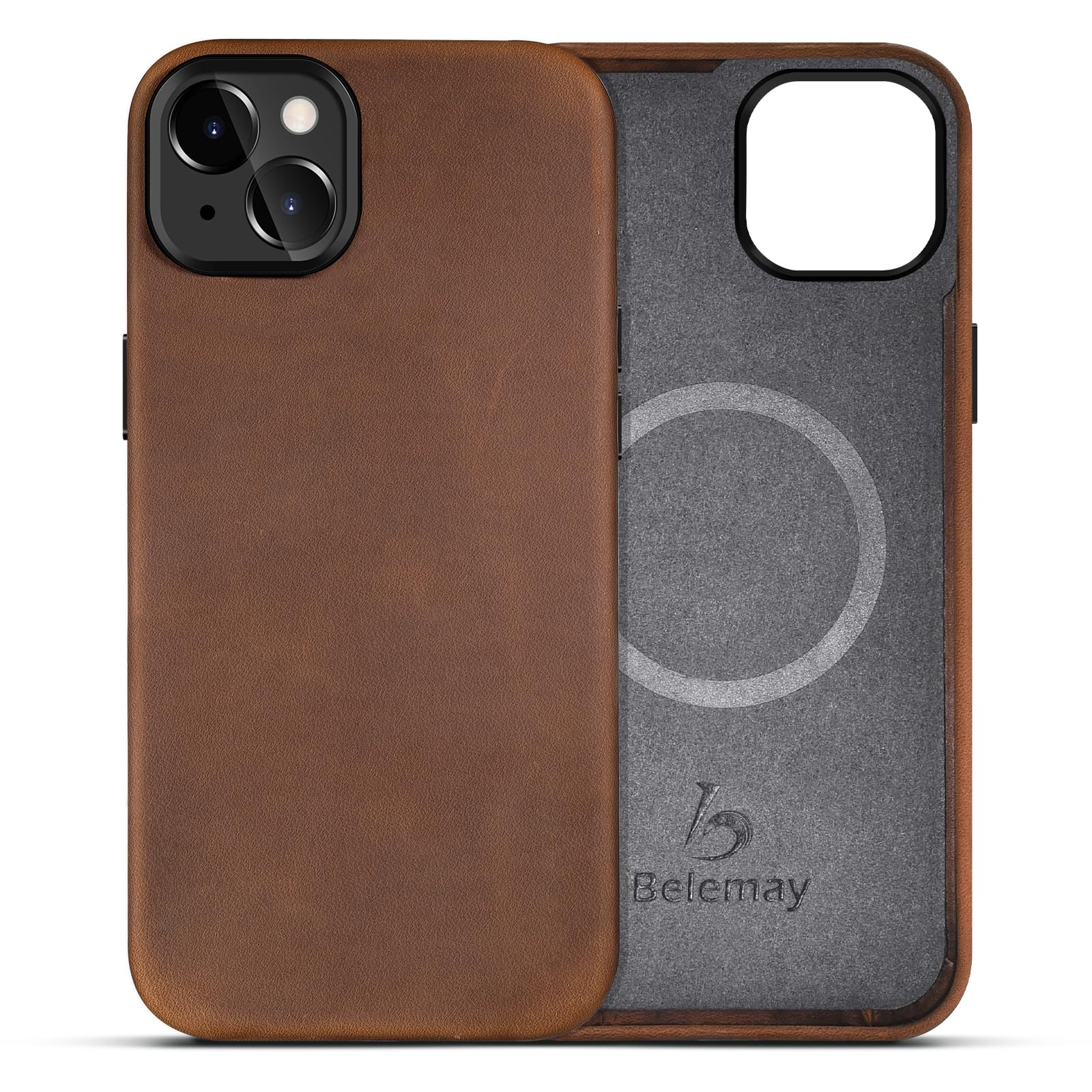 Belemay Compatible With Iphone 15 Leather Case Magsafe - Top Grain Vintage Crazy Horse Leather - Metal Buttons & Camera Bezel Bu