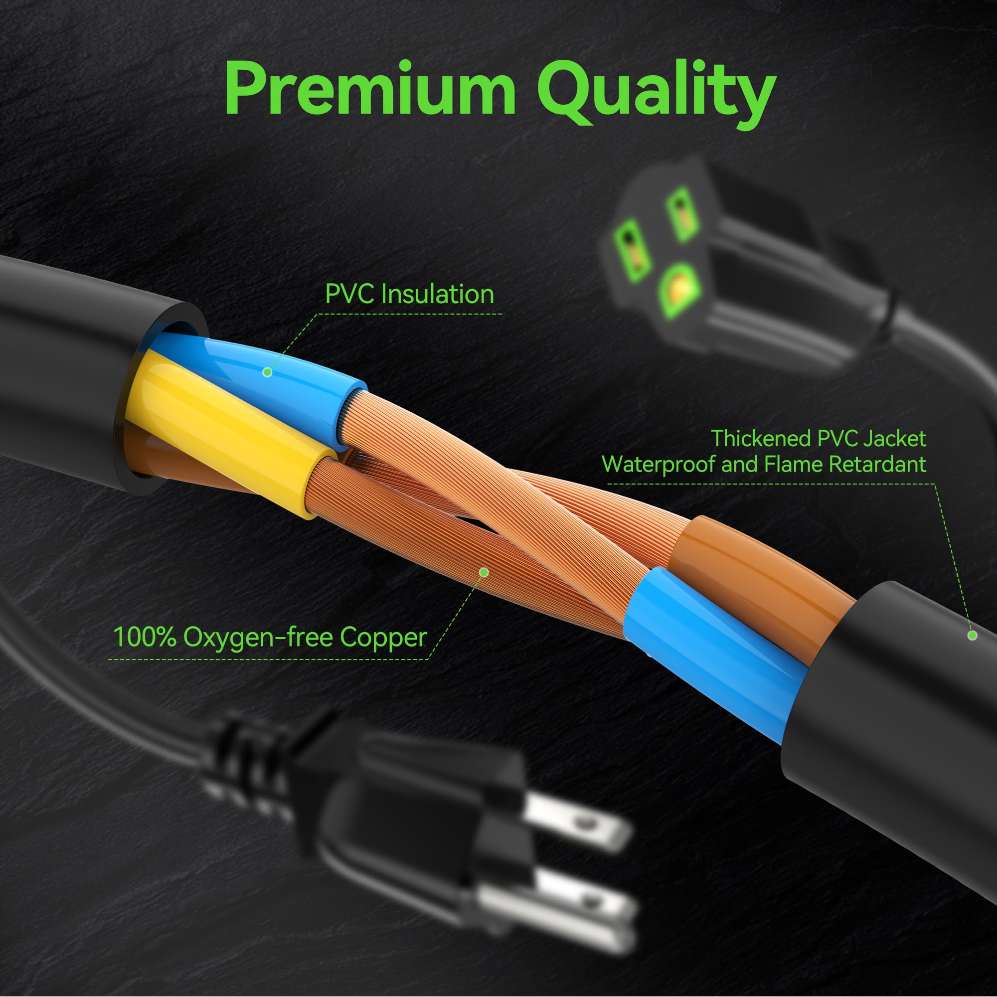 Power Extension Cord 5Ft (2 Pack), 3 Prong Grounded Electrical Extension Cable Outlet Saver, Single Outlet Power Wires, Outdoor