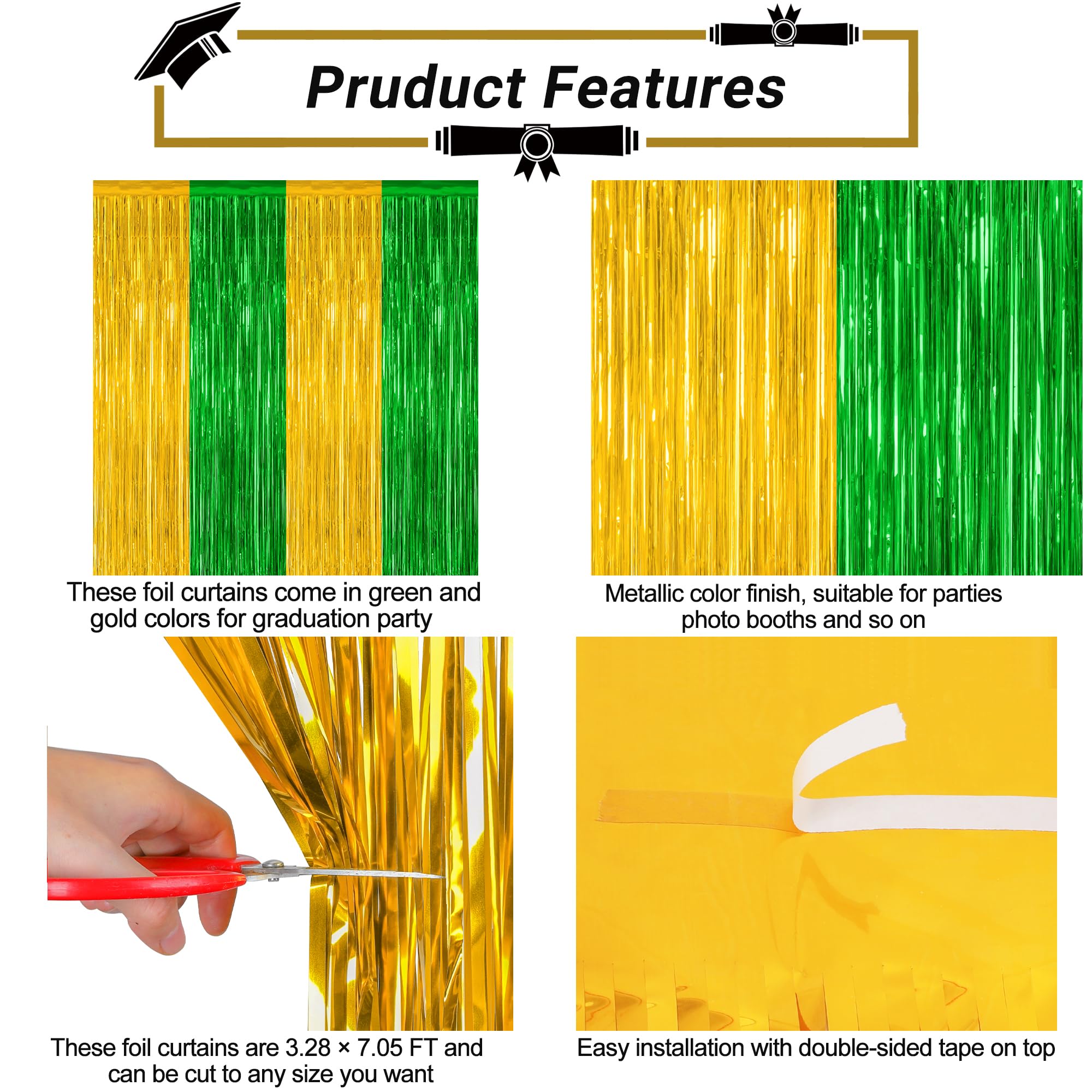 2 Pack Graduation Backdrop, 3.28 Ft X 7.05 Ft Grad Decor 2025, Green Gold Graduation Photo Backdrop Fringe Curtains Party Stream