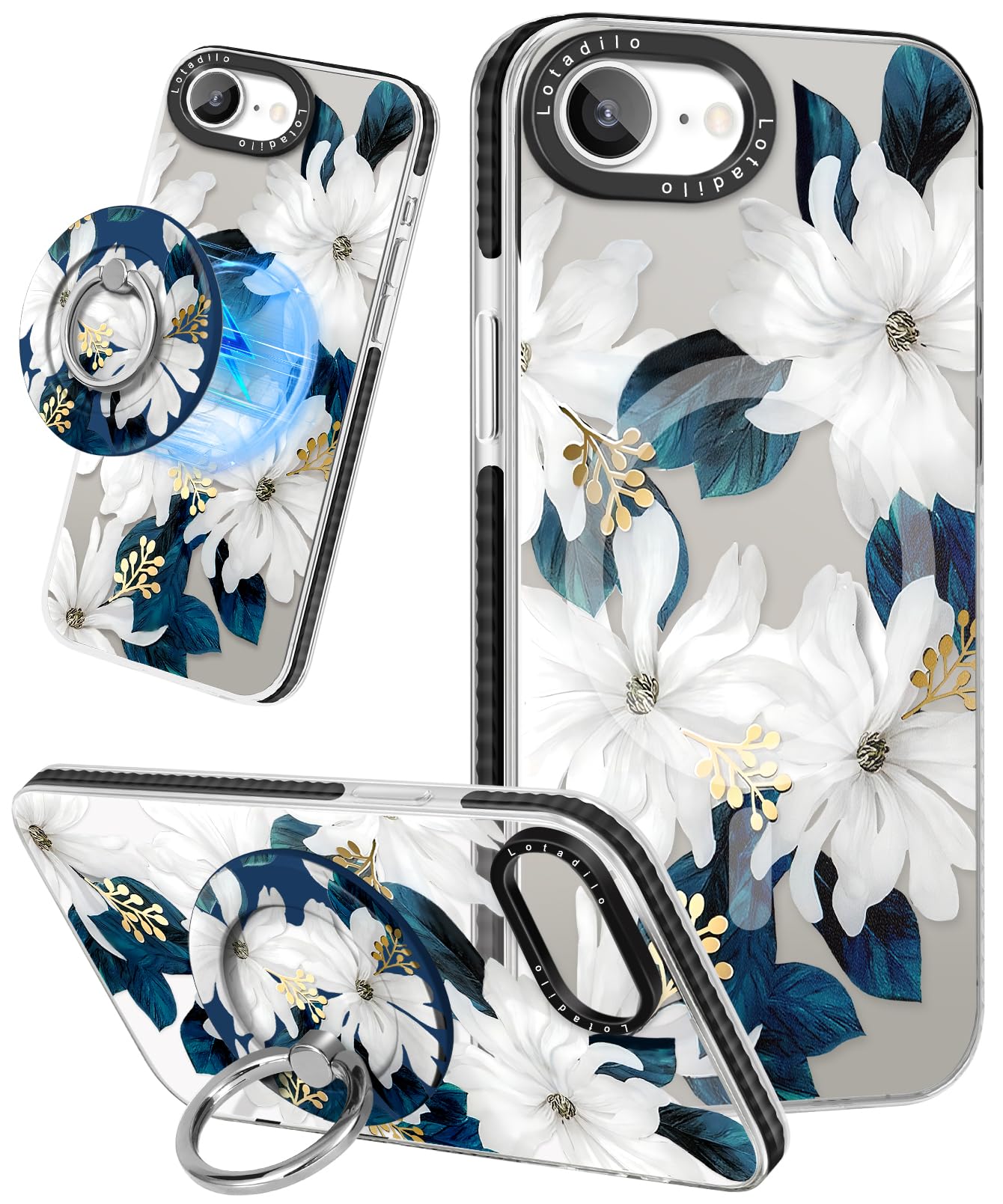 Lotadilo Cute Case for iPhone 16e for Women Girls - Funny Blue Flower Design Compatible with Magsafe Magnetic Ring Holder Kickst