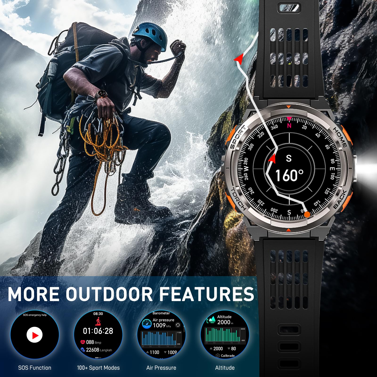 Leuceira Military Smart Watches For Men With Led Flashlight, Tactical Rugged Smart Watch With 1.45 Hd, 3Atm Waterproof & Compass