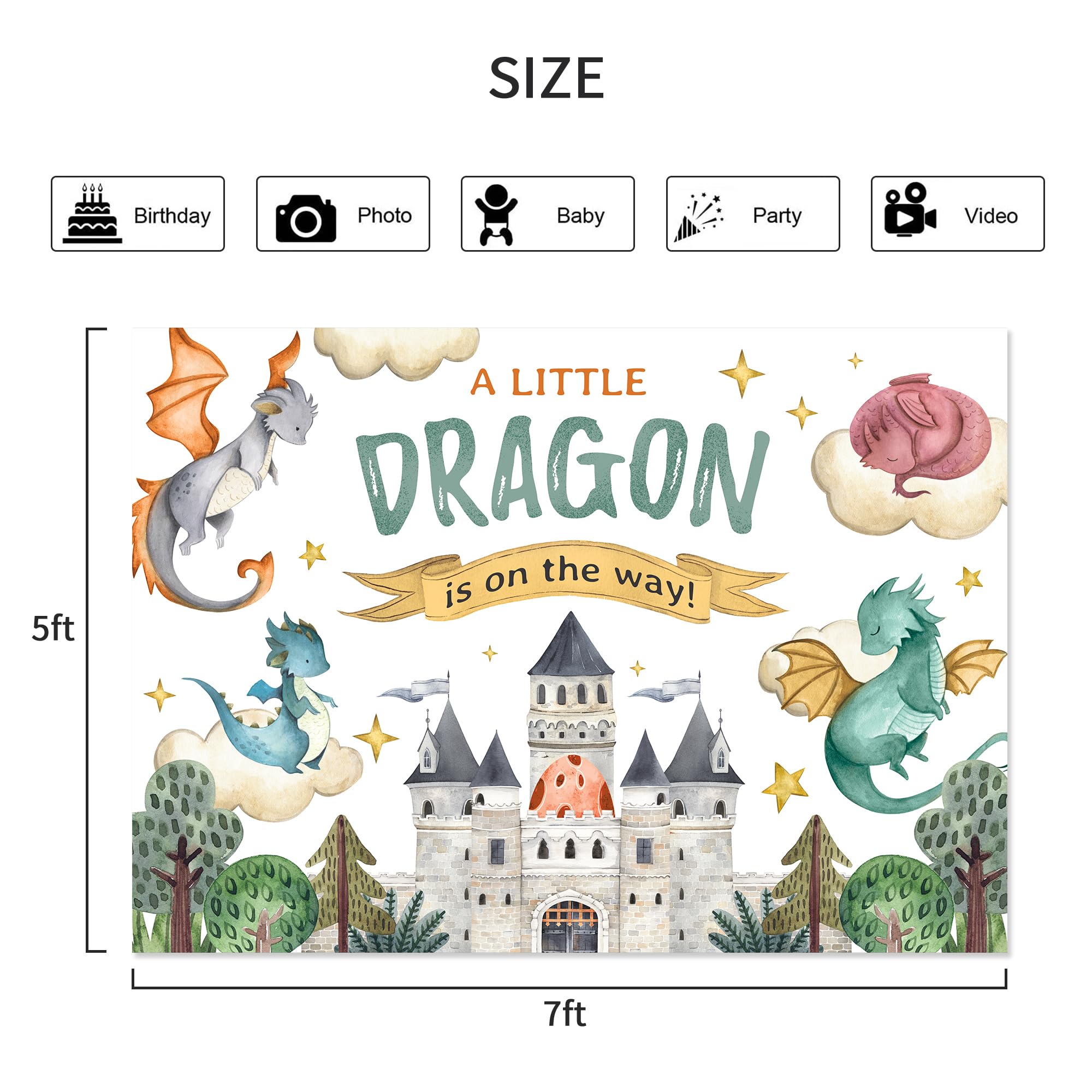 Lightinhome Dragon Baby Shower Backdrop 7Wx5H Feet A Little Dragon Is On The Way Cartoon Castle Cute Watercolor Kids Boys Photog