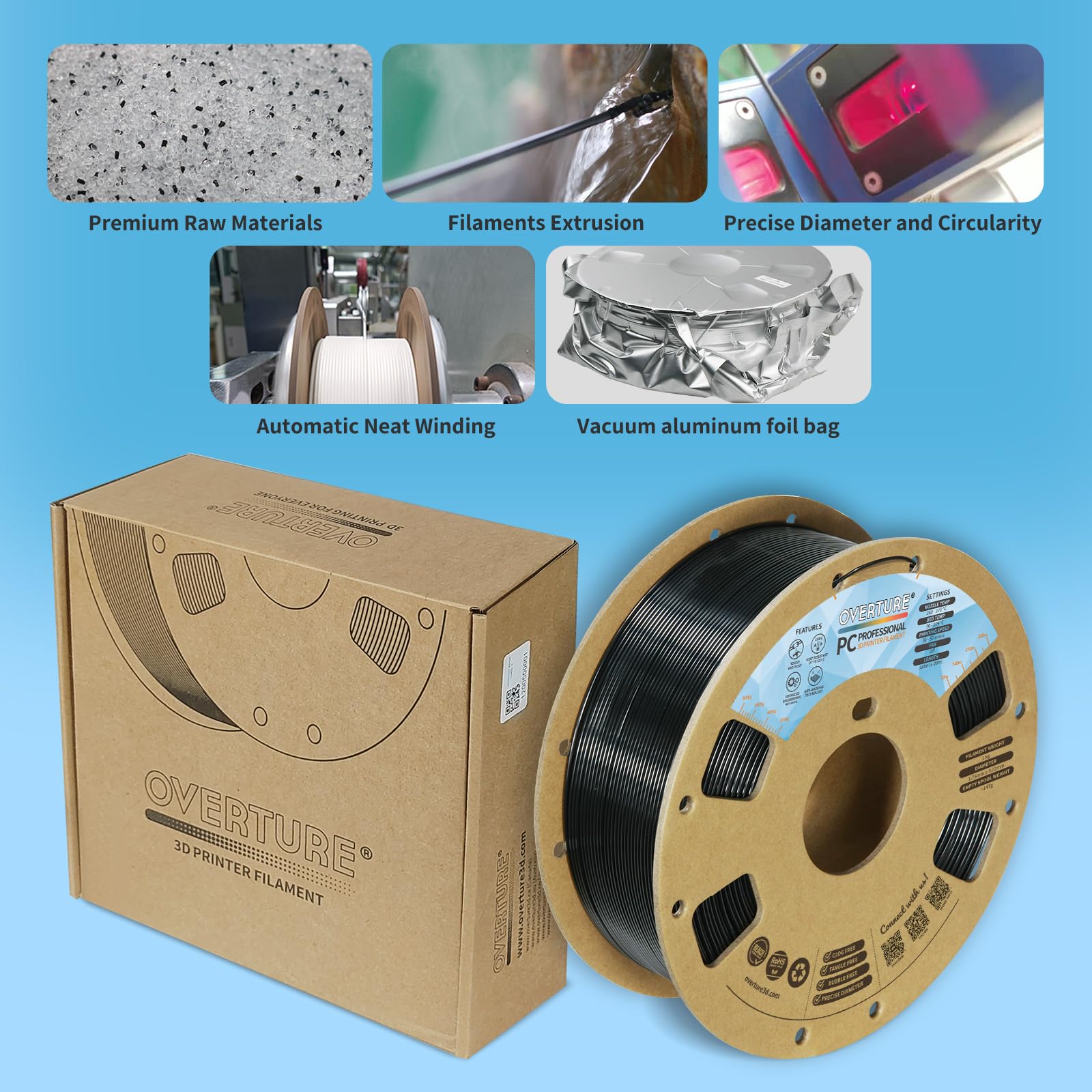 Overture Tough Pc Profeesional Filament, Cardboard Spool, 1Kg(2.2Lbs), Dimensional Accuracy 99% Probability +/  0.03Mm, Fit Most