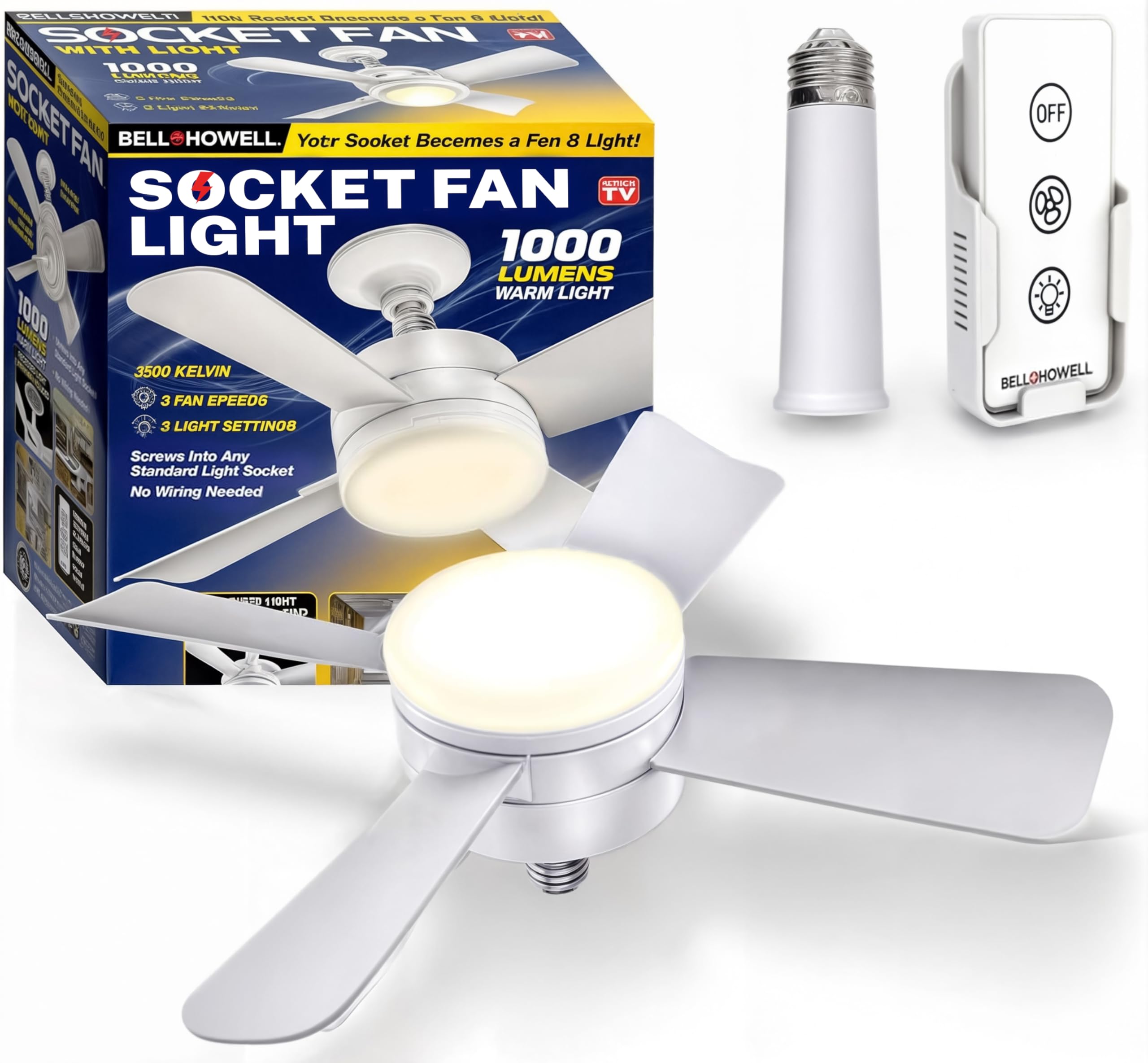 Socket Fan Light Original - Warm Light Ceiling Fans with Lights and Remote | with Light Replacement for Light Bulb/Ceiling Fan f