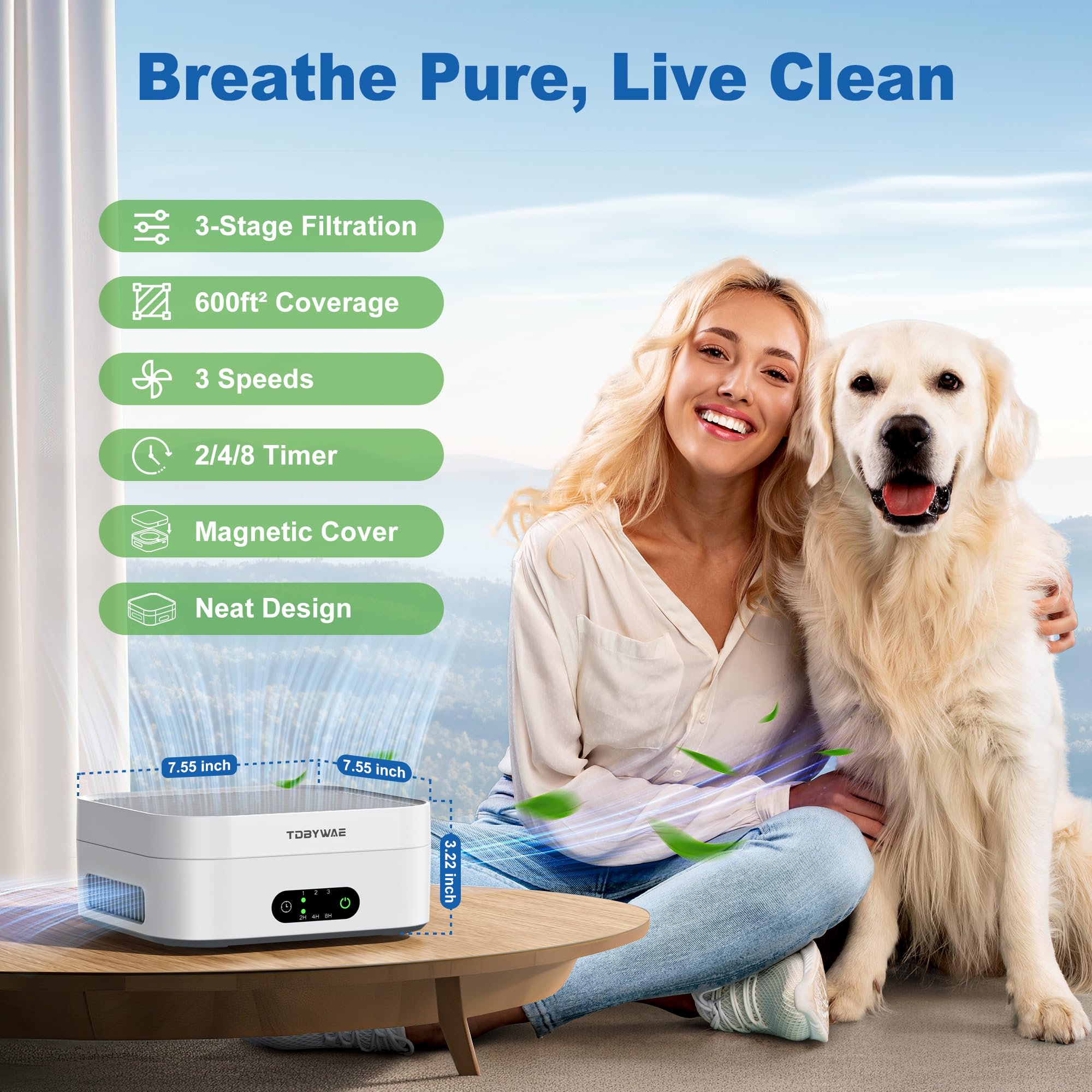 Air Purifier Tdbywae Air Purifiers For Home Bedroom Up To 600 Ft, True Hepa Air Purifier For Pets Dust Dander Pollen Odor Smoke,