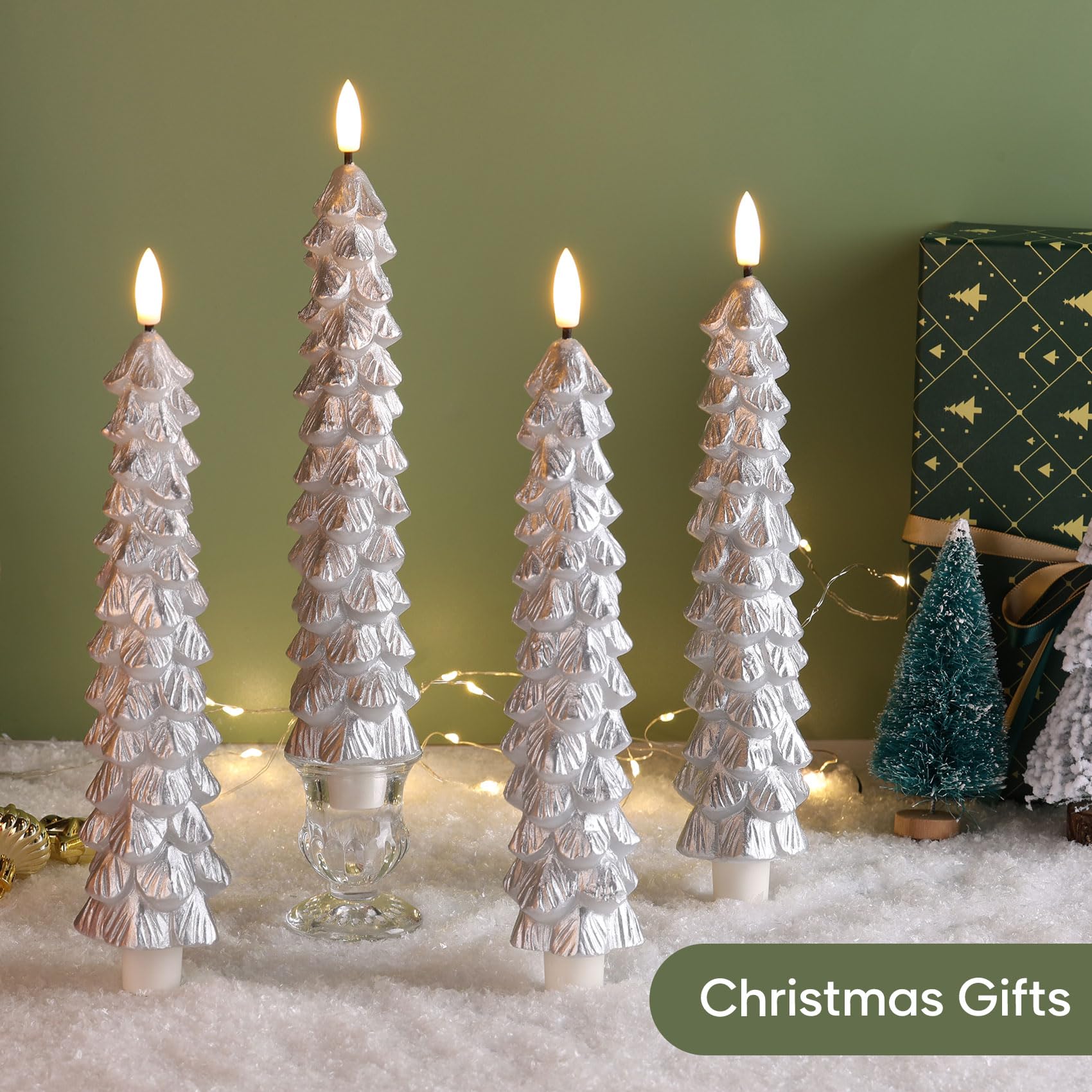 Eywamage Silver Christmas Tree Candles With Remote, Real Wax Flickering Flameless Led Taper Candles Set Of 4