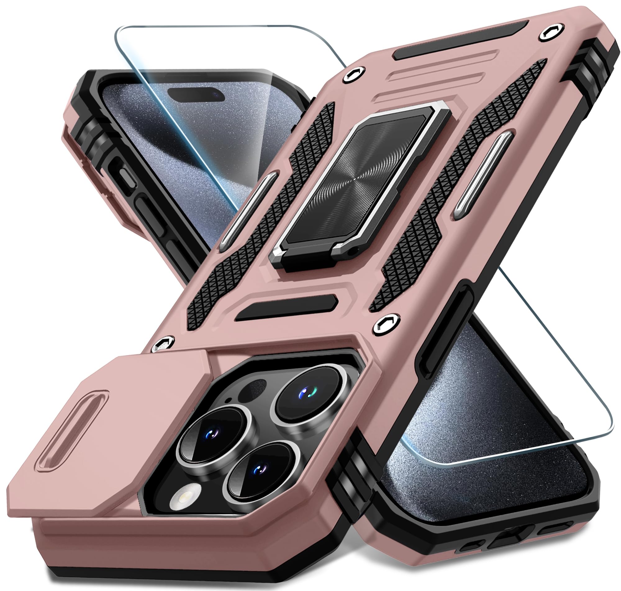 Deerlamn Case For Iphone 15 Pro Max With Slide Camera Cover+Screen Protector(1 Pack), Rotated Ring Kickstand Military Grade Shoc