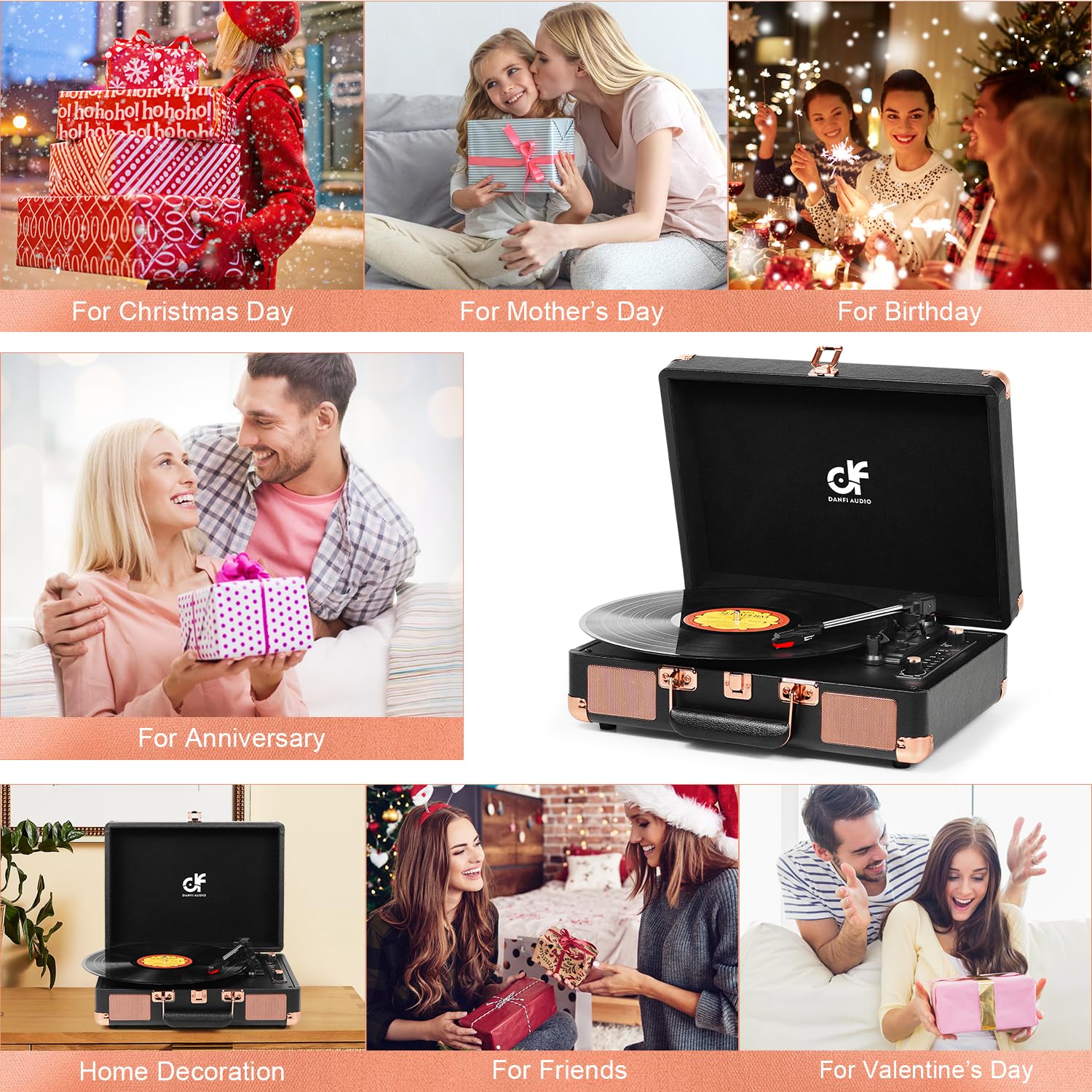 Record Player 3 Speed Portable Suitcase Vinyl Record Player With Built In Speakers, Bluetooth Input, Usb Recording, Rca Out/Aux