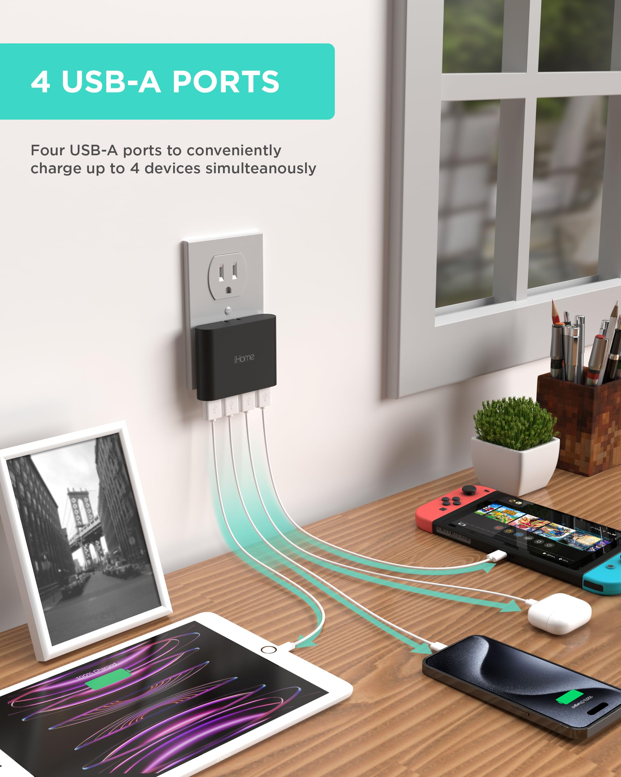 Ihome Slim Usb Wall Charger: Ac Pro Multiport Usb Charger, Usb Plug Adapter & Phone Charging Block, 4 Usb Plugs For Wall Outlet,